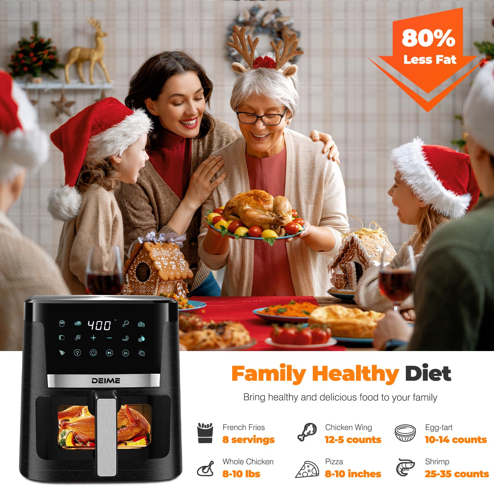 DEIME 7.5 QT 1700W Large Air Fryer - Oil Free Healthy Cooker with 12 Presets, LCD Touch Screen, Visible Window & Non-Stick Basket - Perfect for Family Meals, Quick Snacks & Healthy Cooking (Black)