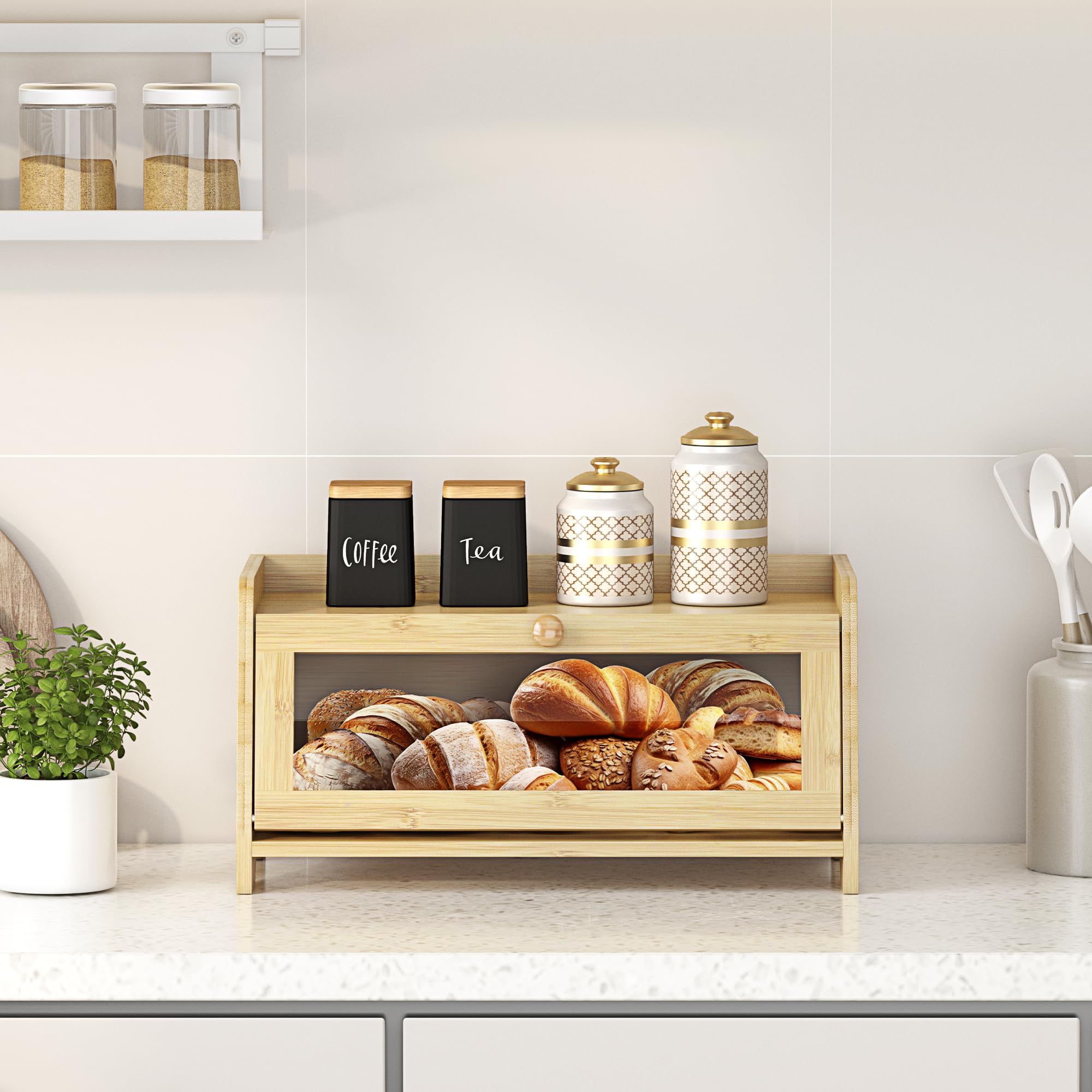 **Large Wooden Farmhouse Bread Box with Window - Natural Bamboo Bread Storage Container for Kitchen Countertop | Perfect for Fresh Bread, Baguettes, and Pastries**