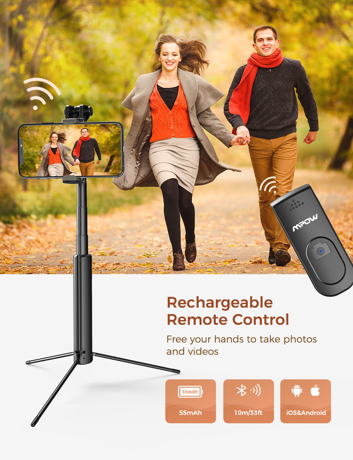 MPOW PA218A Selfie Stick Tripod with Dual Phone Holders - Adjustable Extendable Monopod for iPhone Android Smartphones - Perfect for Travel, Vlogging, Group Photos & Live Streaming