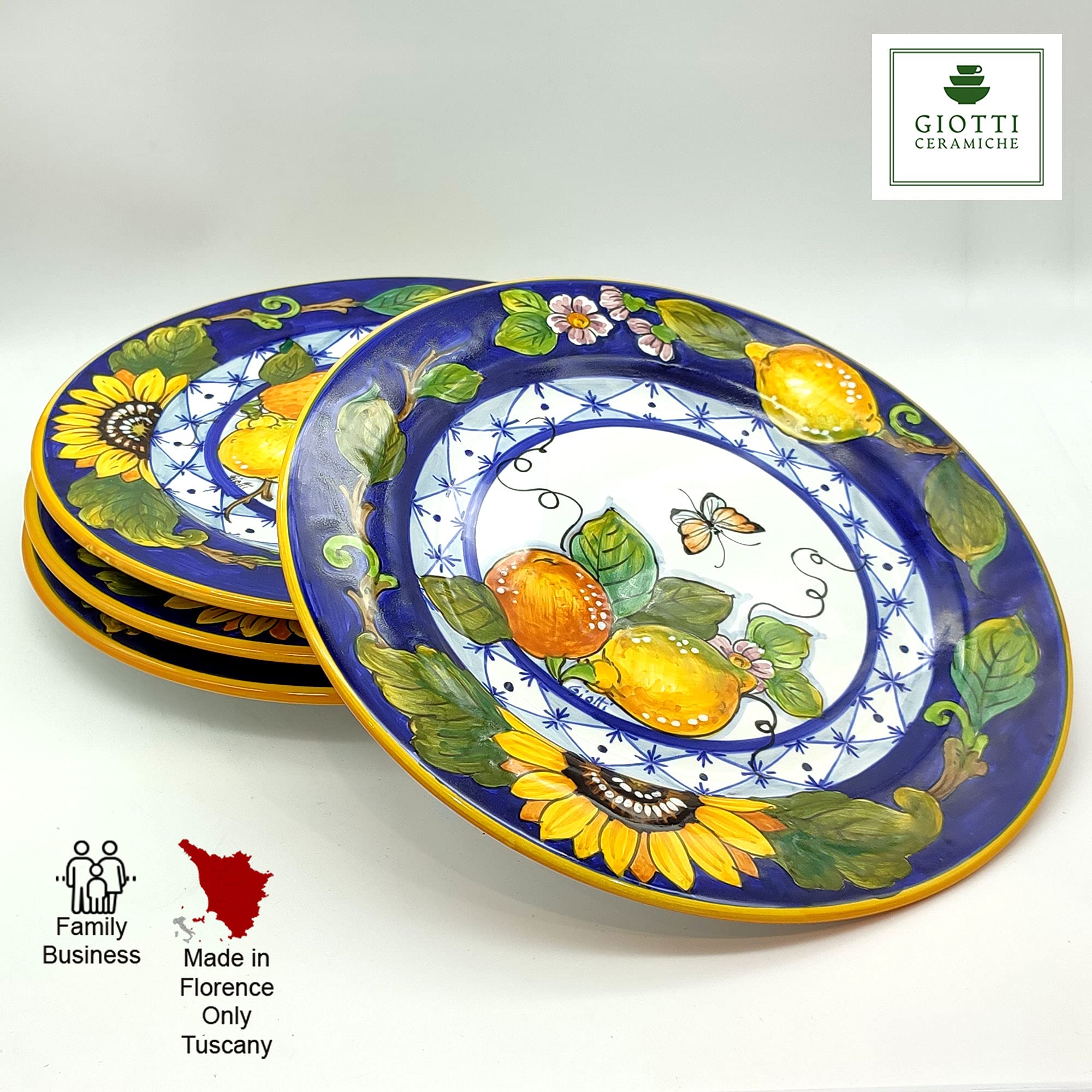 Italian Ceramic Dinnerware Set for 4 - Hand Painted Tuscan Kitchen Dishes - Authentic Italian Pottery Plates & Bowls - Sunflower Lemon Design Home Decor - Perfect for Family Dinners & Entertaining Guests