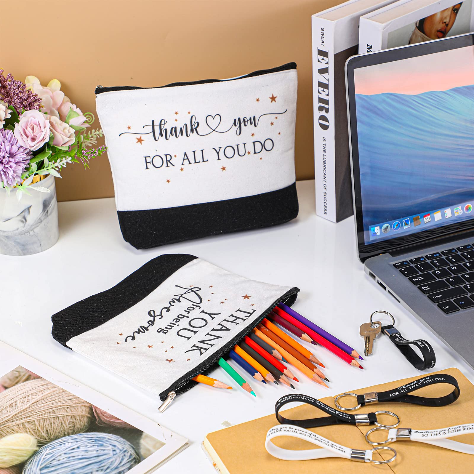 Sanwuta 48 Pcs Bulk Thank You Gift Bags Set - 24 Makeup Pouches & 24 Appreciation Keychains for Women, Coworkers, Teachers, Nurses, Moms (Classic) - Perfect for Employee Recognition, Teacher Appreciation Week, Nurse Gifts & Mother's Day