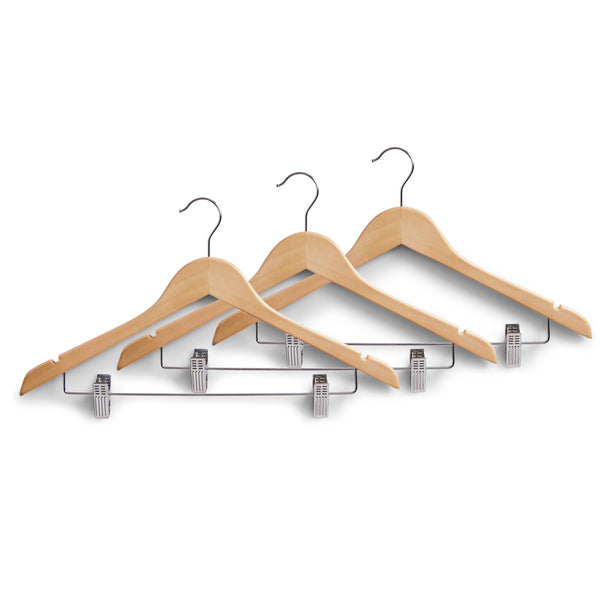 3-Piece Wooden Clothes Hanger Set With Clips - Natural Wood Hangers for Pants, Skirts & Scarves - Space Saving Closet Organizer for Home & Dorm