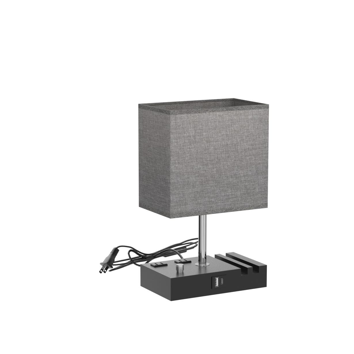 Dimmable Nightstand Lamp with USB C Ports & Charging Outlets - Wooden Bedside Table Lamp for Bedroom, Living Room & Office - Includes LED Bulb & Phone Stand (Grey) - Perfect for Reading, Charging Devices & Home Decor