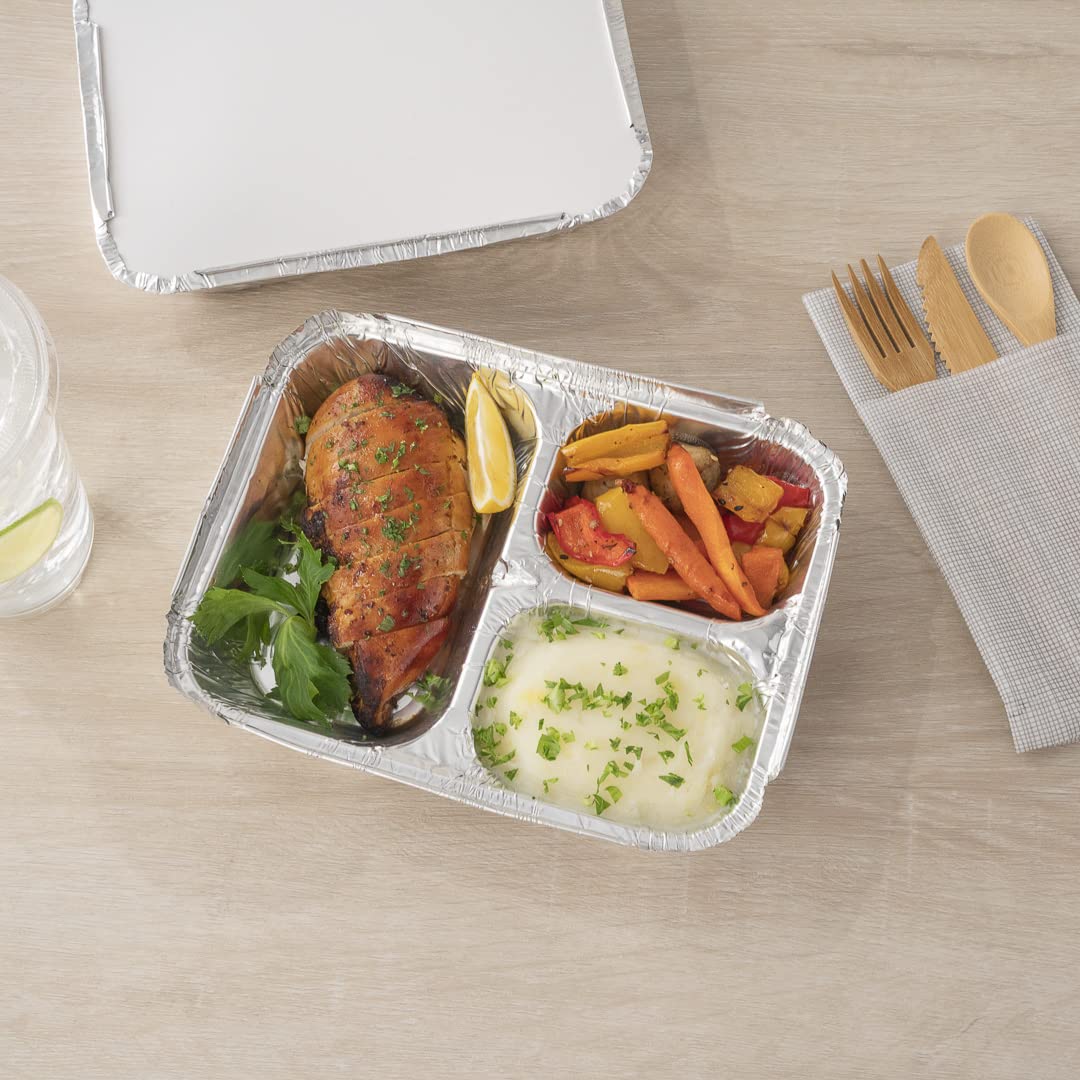 Restaurantware Foil Lux 23oz Aluminum Food Storage Containers - 100-Pack 3-Compartment Rectangle Pans for Baking, Meal Prep & Leftovers (Lids Sold Separately) | Durable & Reusable for Catering, Restaurants & Home Cooking