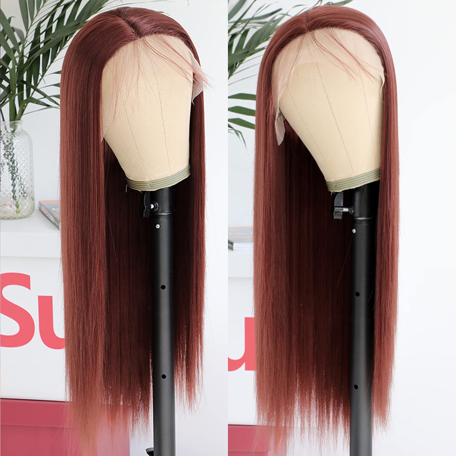 Long Straight Reddish Brown Synthetic Lace Front Wig - Glueless Heat Resistant Human Hair Replacement for Women | Perfect for Cosplay, Daily Wear & Special Occasions