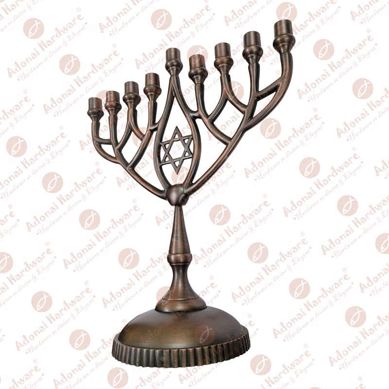Adonai Hardware 12 Inch Hanukkah Menorah - Pure Solid Brass Candle Holder with Oil Rubbed Bronze Finish for Jewish Holiday Decor & Home Celebration