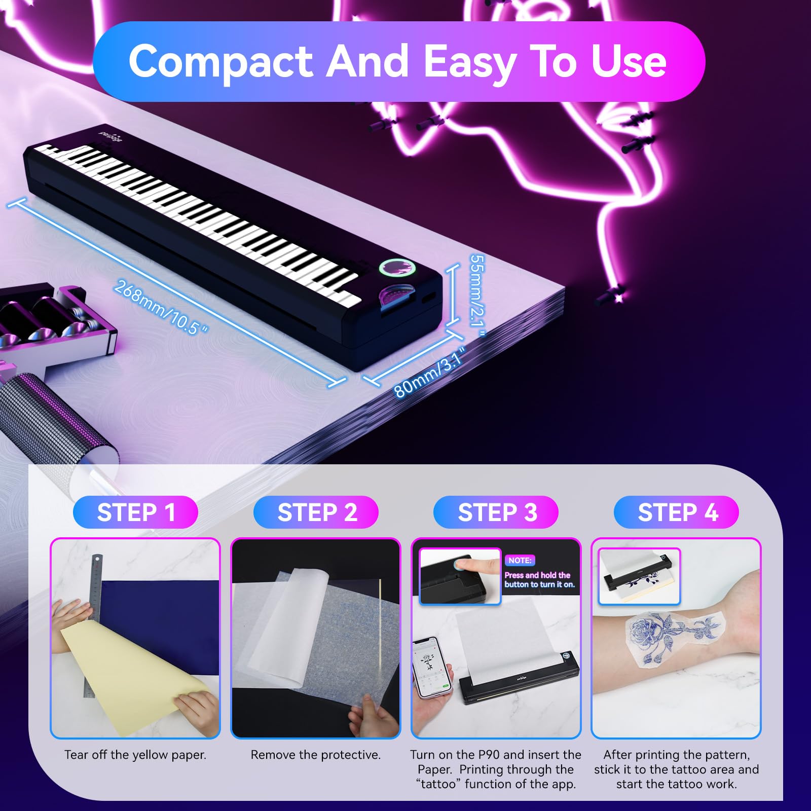 Pino Wireless Tattoo Stencil Printer - Portable Thermal Transfer Machine for Professional & Beginner Tattoo Artists | Compatible with Smartphone, Tablet & PC | Perfect for Tattoo Studio, Home Practice & On-the-Go Designs
