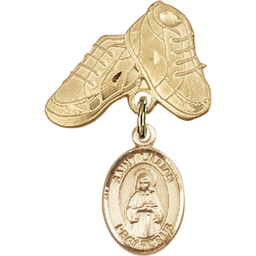 Gold Filled Baby Badge with St. Lillian Charm & Baby Boots Pin - 1 X 5/8 Inch - Perfect for Christening Gifts, Baby Showers & First Communion Keepsakes