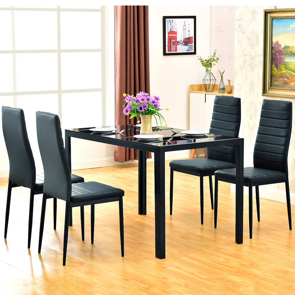 5-Piece Glass Dining Table Set with 4 PU Leather Chairs - Rectangle Tempered Glass Top Kitchen Table for Small Spaces - Modern Black Home Furniture for Apartments, Condos & Cozy Dining Rooms