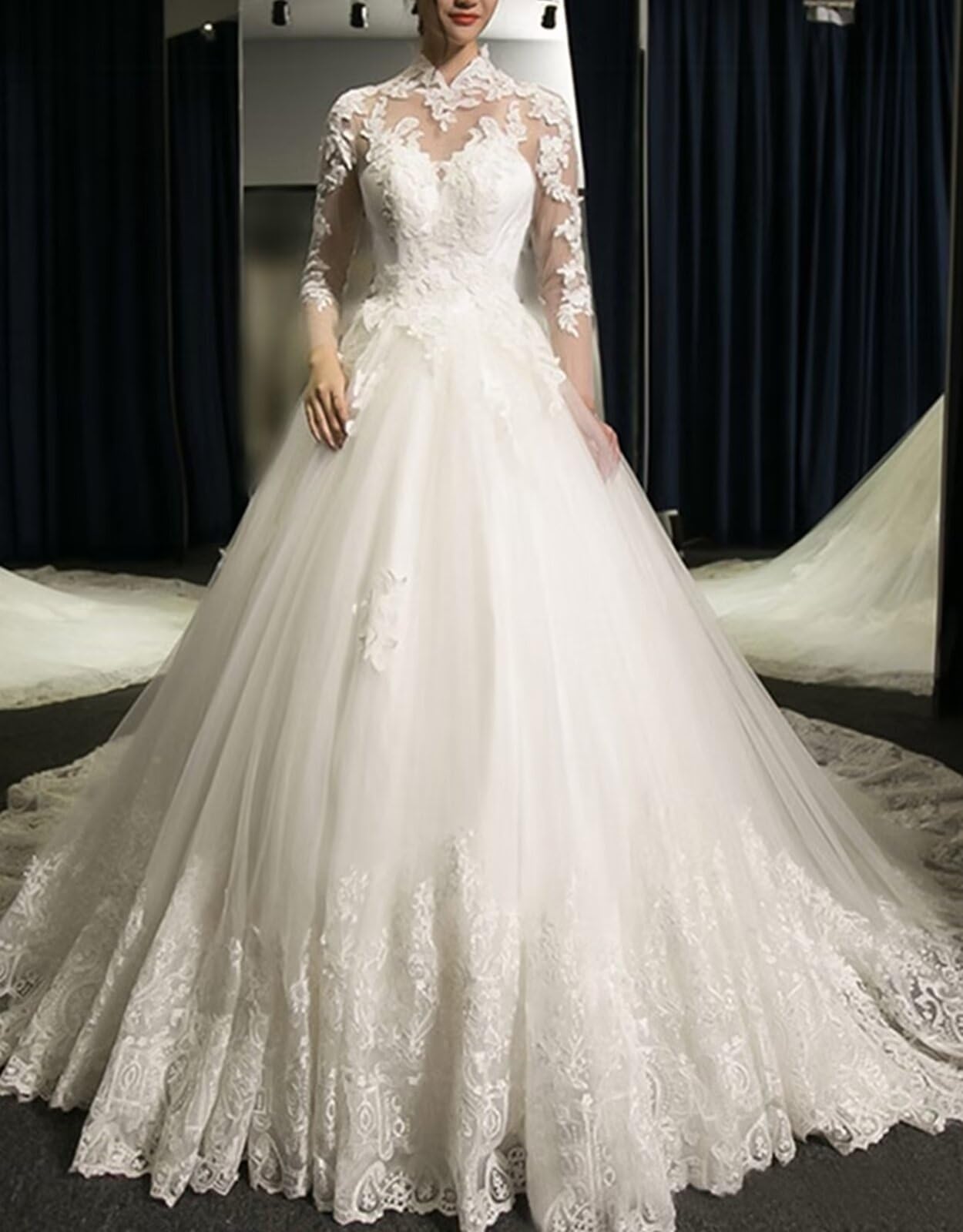 Elegant A-Line Long Sleeve Lace Wedding Dress for Bride – High Neck Tulle Bridal Gown for Formal Ceremonies & Romantic Weddings