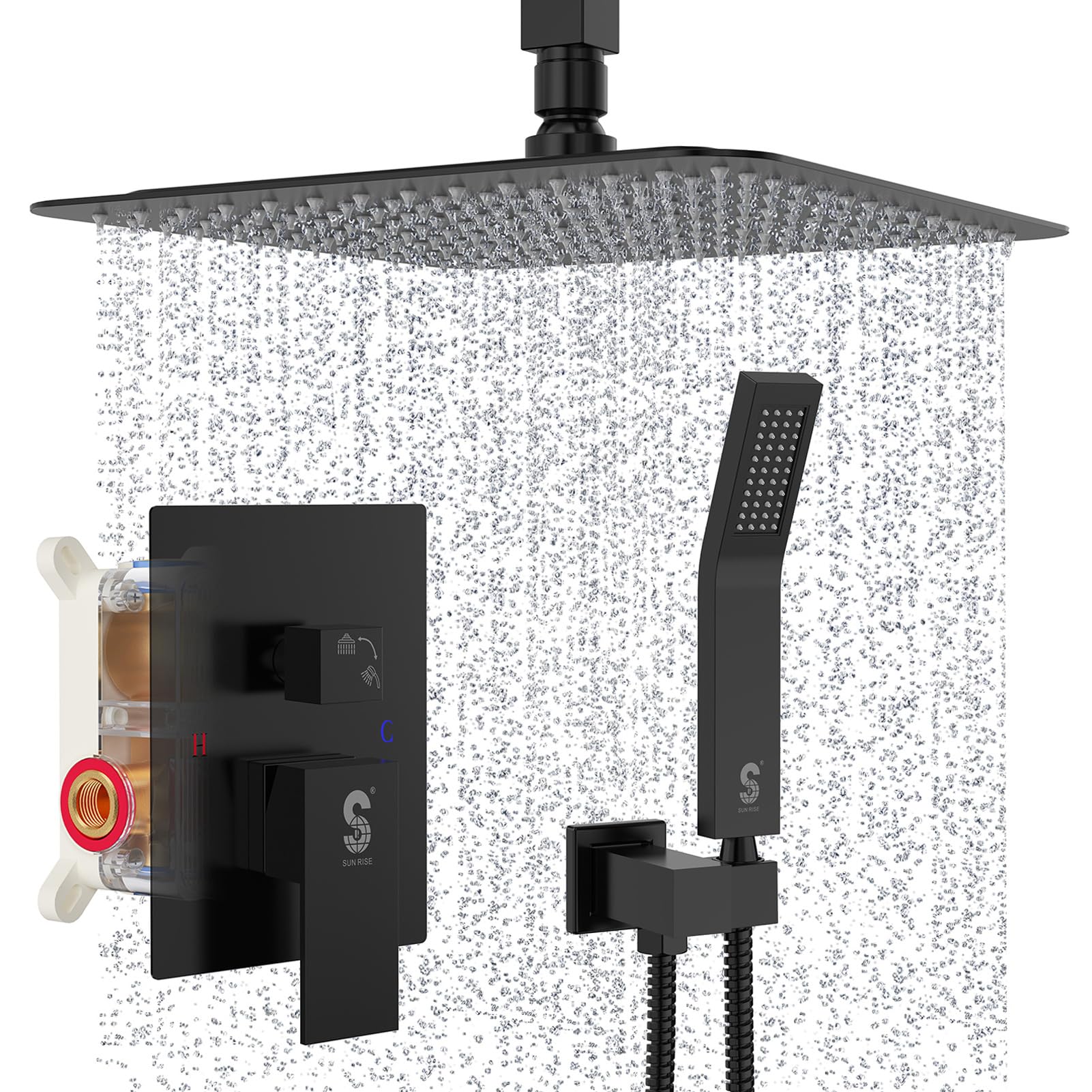 SR SUN RISE 10 Inch Ceiling Mounted Rainfall Shower System - Matte Black Shower Combo Set with Mixer Valve & Rough-in Trim - Perfect for Modern Bathroom & Spa Experience