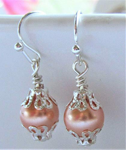 Handmade Czech Glass Peach Pearl Dangle Earrings for Women - Silver Plated French Hook Rhinestone Jewelry - Elegant Boho Style Accessories for Parties, Weddings & Everyday Wear