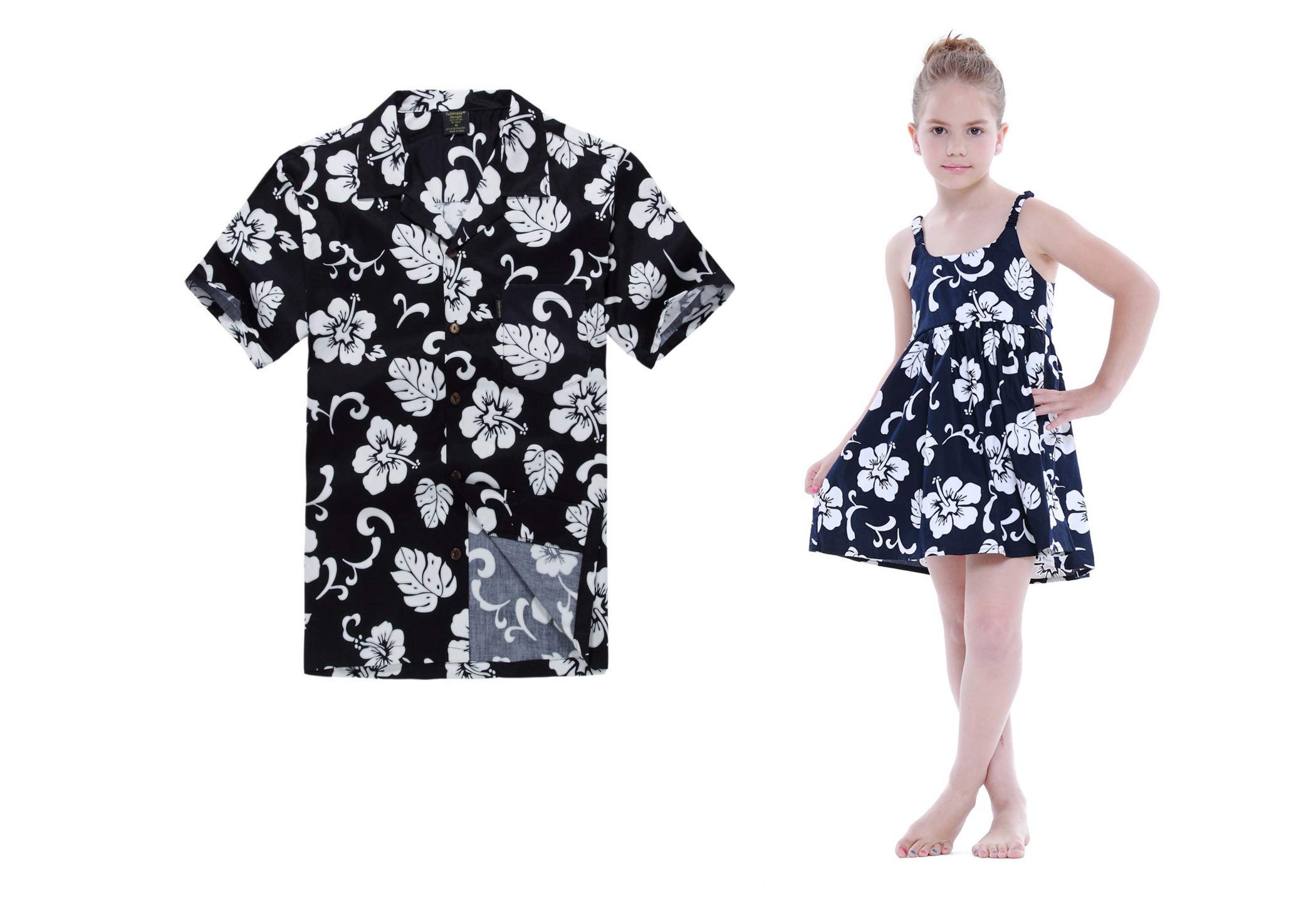 Father Daughter Matching Hawaiian Luau Shirt & Elastic Strap Dress Set - Navy Blue Floral Print, Size L-8, Perfect for Beach Parties, Family Vacations and Tropical Themed Events