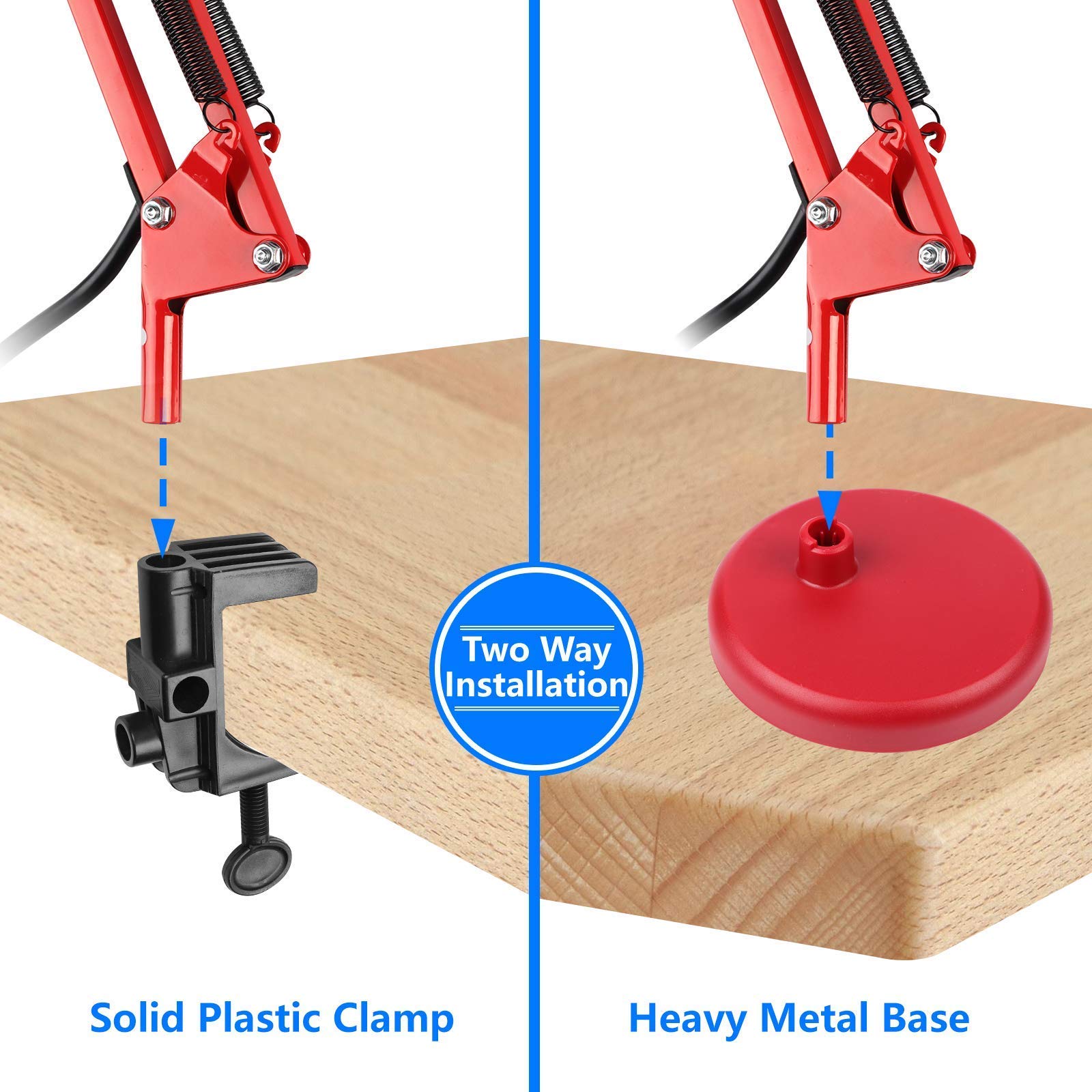 AmeriTop Metal Desk Lamp with Adjustable Goose Neck & 6 Pack 3000K Warm White LED Bulbs - Red Swing Arm Table Lamp with Clamp/Interchangeable Base | Perfect for Home Office, Study Room & Bedside Reading Lighting