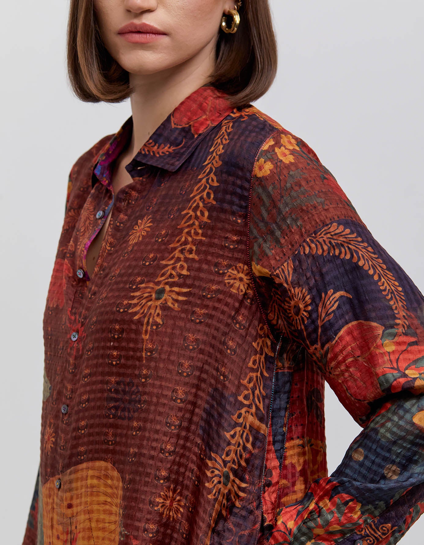 Oversized Silk Checkered Shirt in Terracotta - Elegant & Comfortable for Casual Outings & Office Wear