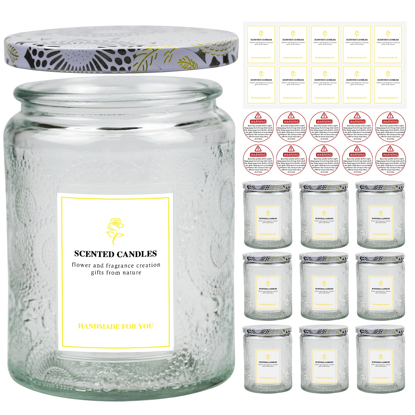 8.8oz (9 Pack) Clear Embossed Glass Candle Jars with Tin Lids - DIY Candle Making Supplies Includes Sticker Labels & Warning Stickers - Perfect for Home Decor, Wedding Favors, and Craft Projects