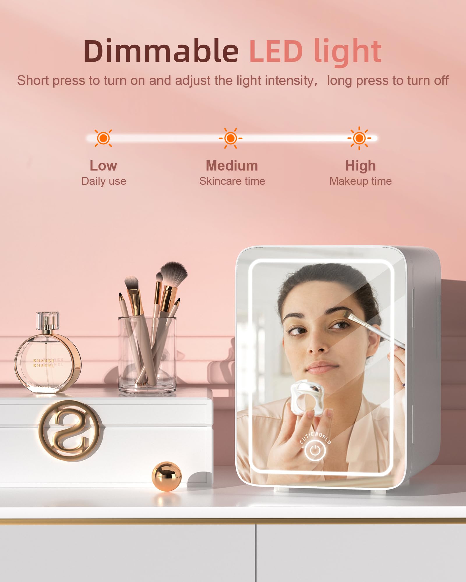 Mini Skincare Fridge with Dimmable LED Light Mirror - 4L Portable Cosmetic Cooler & Warmer for Makeup, Perfumes, Face Masks & Snacks - Perfect for Bedroom, Office, Dorm & Car Travel - Compact White Beauty Refrigerator for Skincare Routine & Food Storage