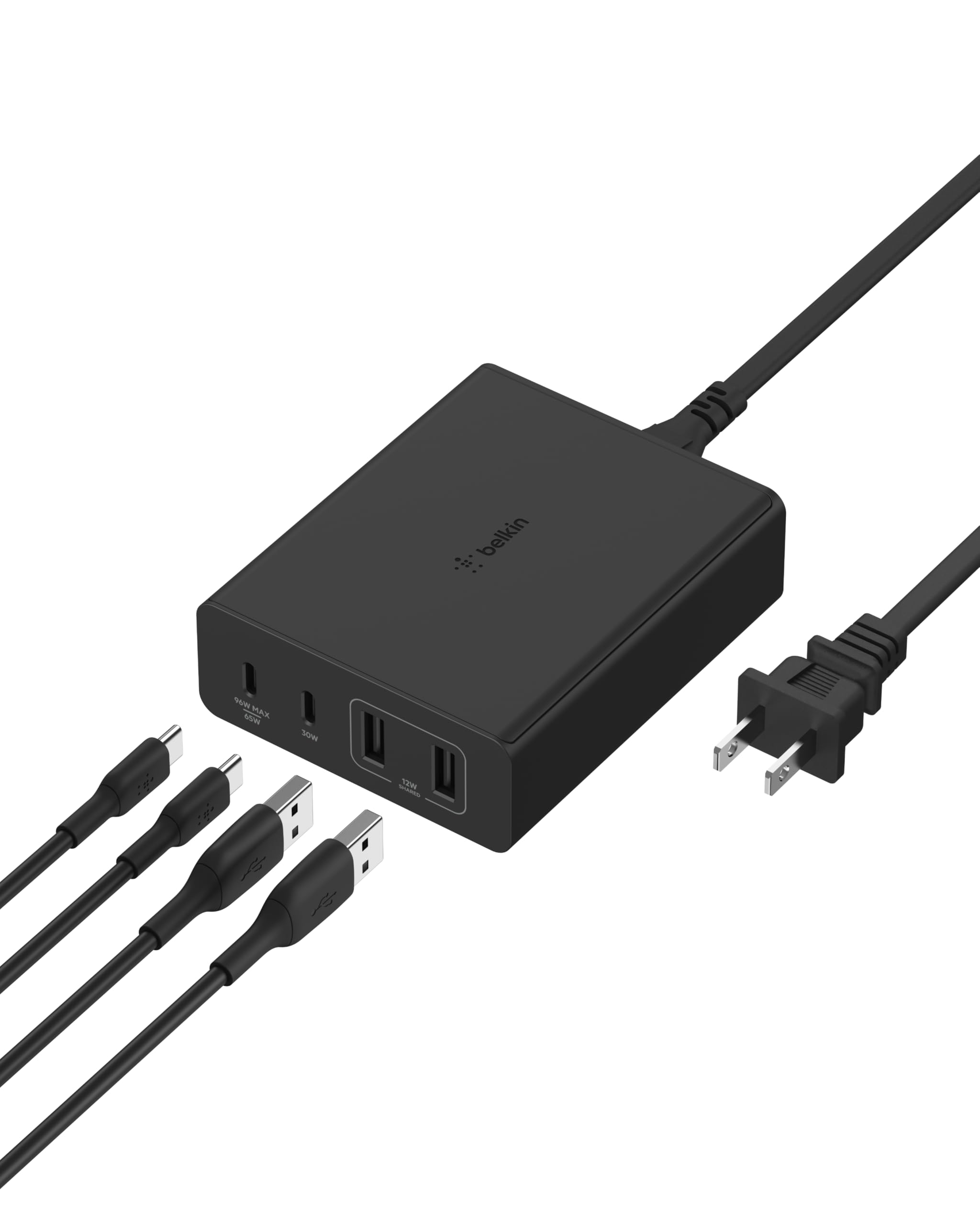 Belkin 108W GaN USB-C Fast Charging Station - 4-Port Desktop Charger Hub for iPhone 15/14/13, MacBook Pro/Air, iPad, Apple Watch - Compact Power Adapter for Home, Office & Travel (Black)