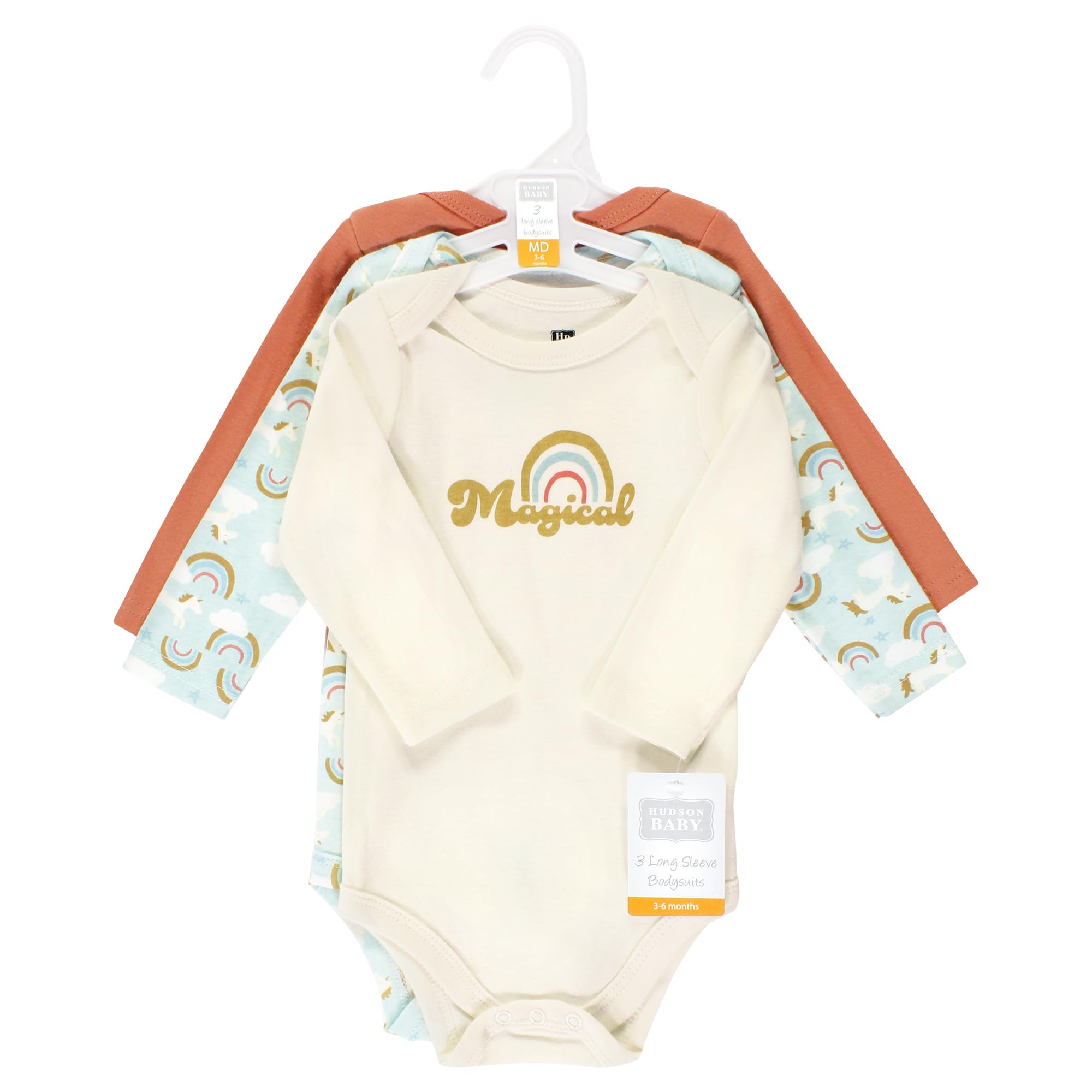 Hudson Baby Unisex Cotton Long-Sleeve Bodysuits - Magical Rainbow 3-Pack for Newborns | Soft & Comfortable Baby Onesies for Everyday Wear, Playtime & Photo Shoots