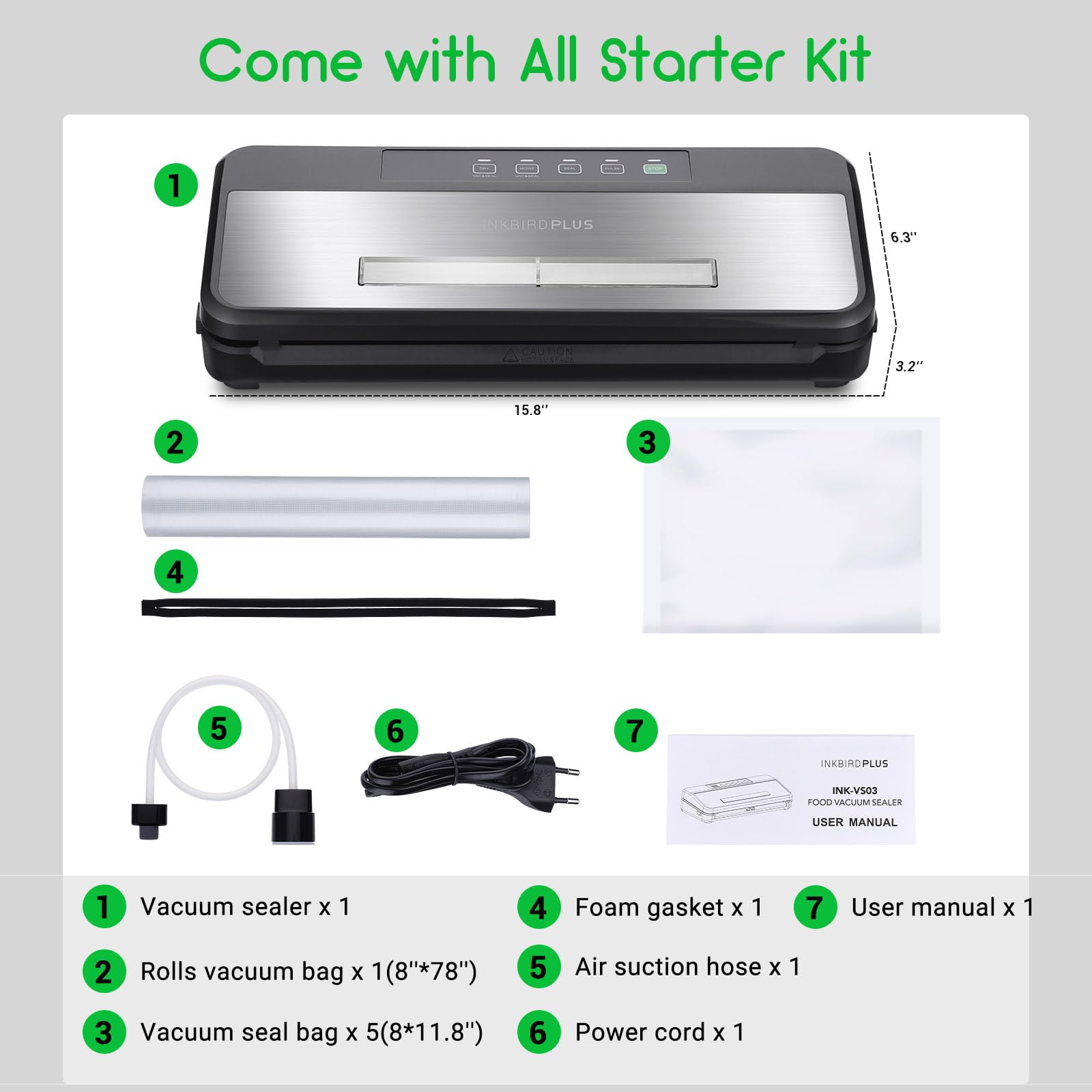 INKBIRD Compact Food Vacuum Sealer Machine with Sealing Countdown & Viewing Lid - 20Ft Roll Storage, Dry & Moist Modes, Includes Cutter, 1 Bag Roll & 5 Pre-cut Bags for Fresh Food Preservation - Perfect for Meal Prep, Sous Vide, Freezing & Long-Term Food Storage
