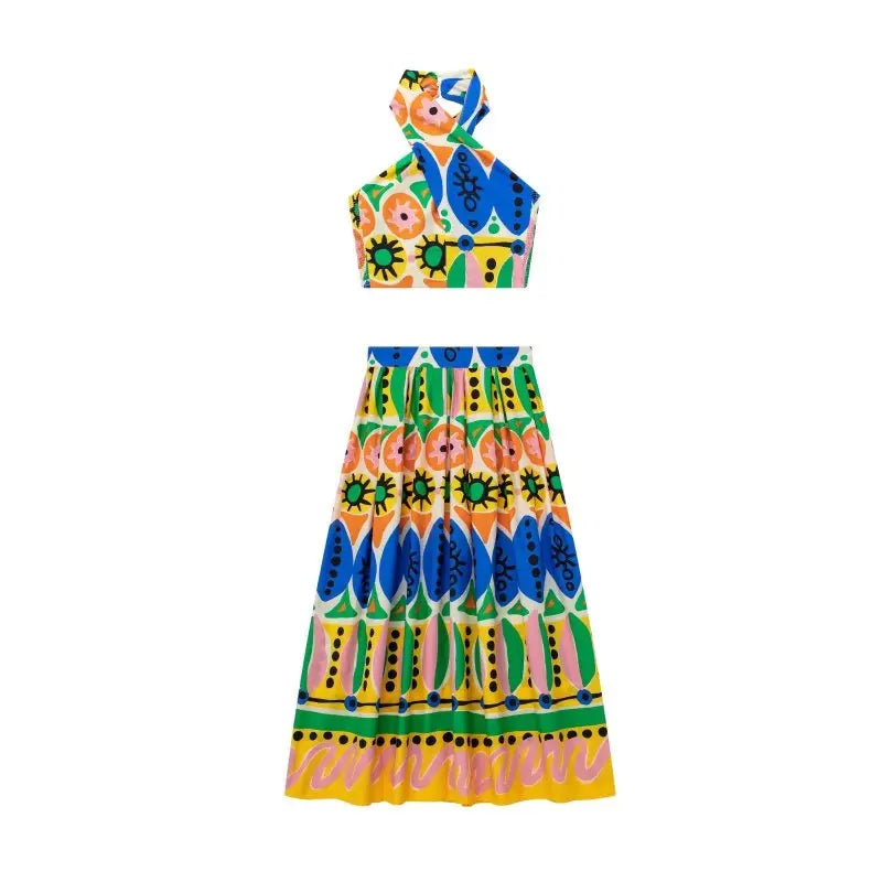 Women's Casual Halter Sleeveless Camisole Top & A-Line Midi Skirt Set - Summer Printed Outfit for Beach, Vacation & Daily Wear | TRAF Fashion