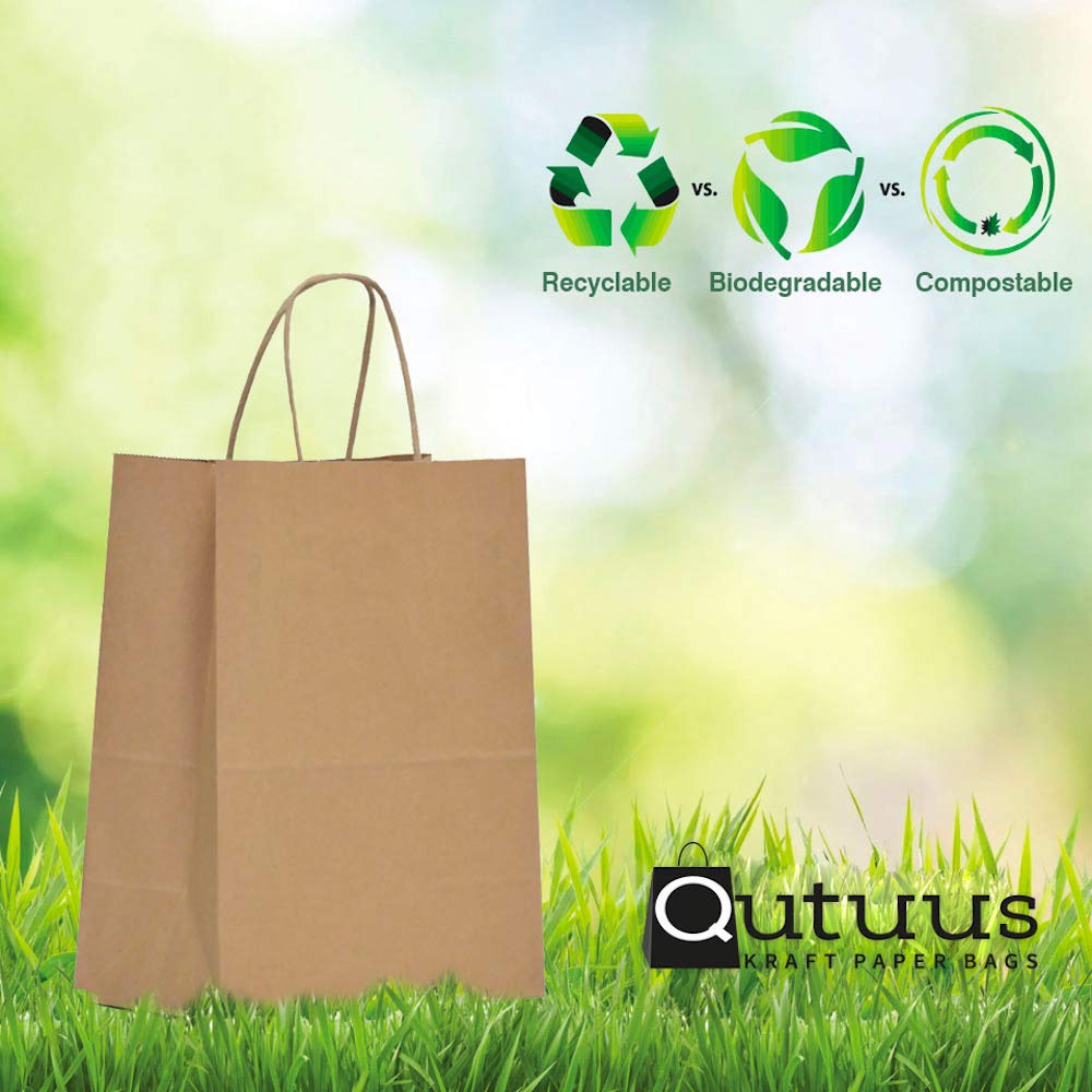 Qutuus 25-Pack Kraft Paper Gift Bags with Handles 8x4.5x10 Inches - Eco-Friendly Brown Medium Size Shopping Bags for Small Business, Retail, Parties & Events | Perfect for Gift Wrapping, Wedding Favors & Store Packaging
