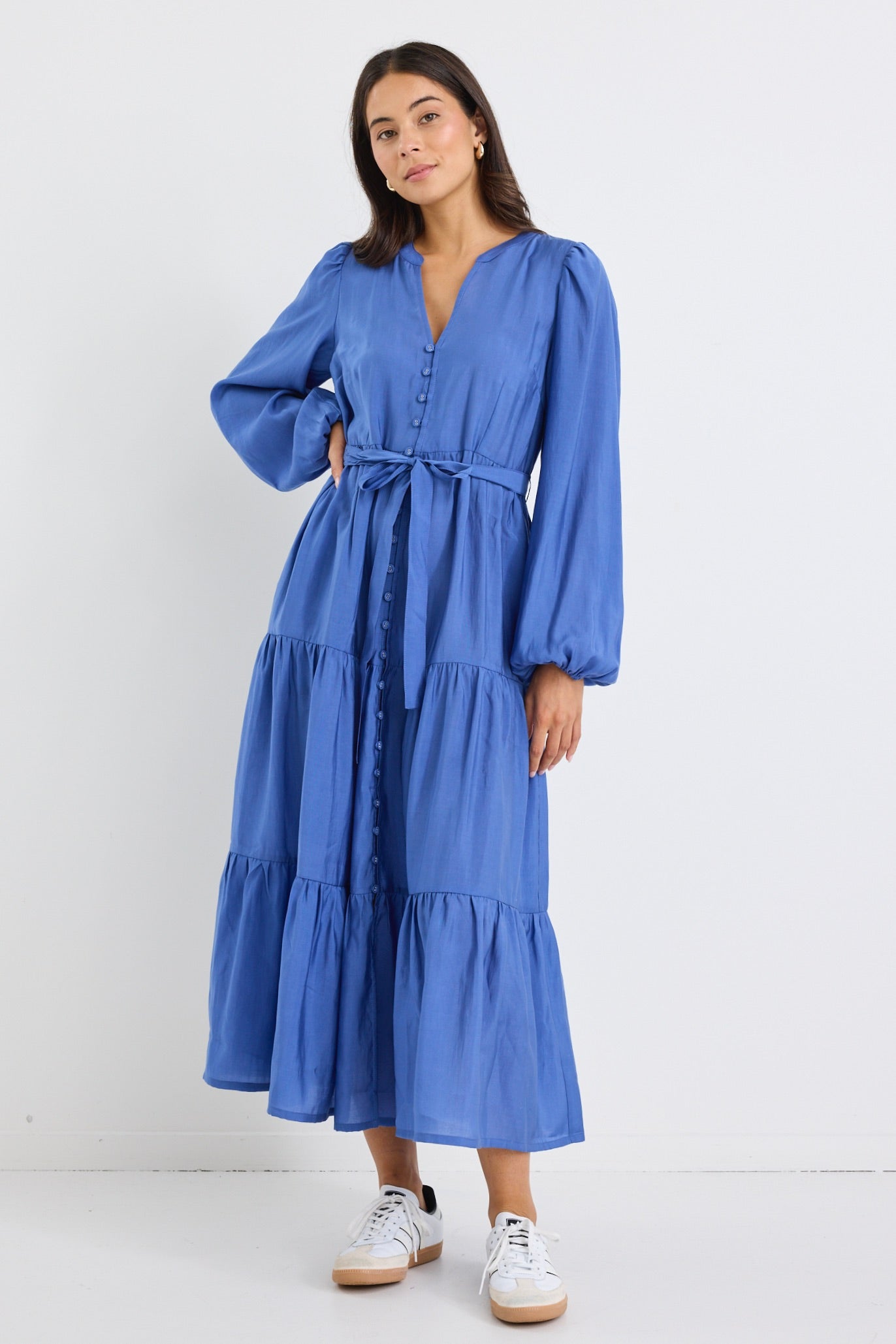 Applause Women's Ocean Blue Balloon Sleeve Button Front Midi Dress - Perfect for Summer Weddings, Beach Vacations & Date Nights