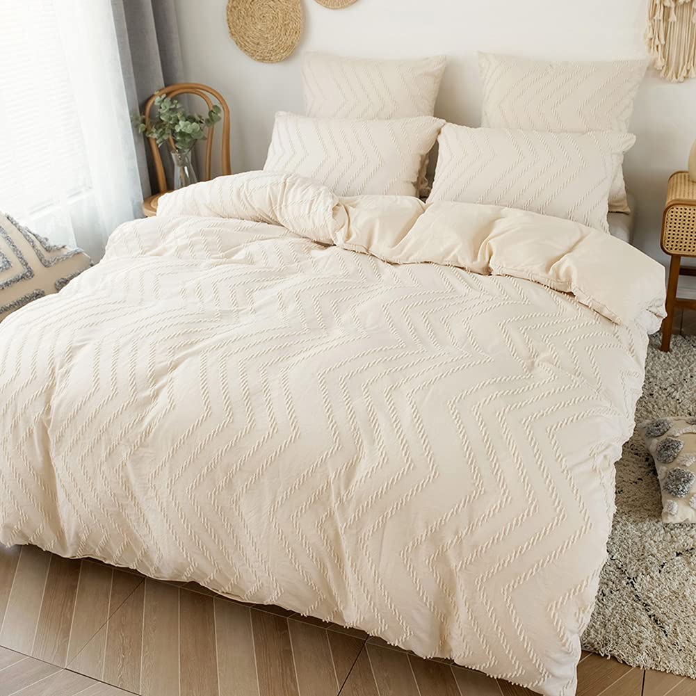 VCTOPS Boho Wave Tufted Duvet Cover Set - 2 Piece Twin Size Soft Embroidered Comforter Cover - All Seasons Bedding Set (Khaki) - Perfect for Bohemian Bedroom Decor & Guest Room Styling