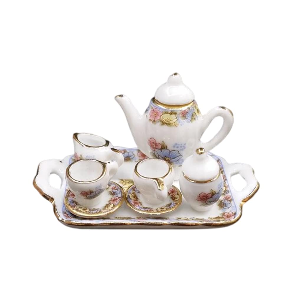 AMLESO 1:12 Scale Miniature Porcelain Tea Set - Dollhouse Kitchen Accessories & Collectible Mini Furniture for DIY Dollhouse, Tea Party Decor, and Model Display