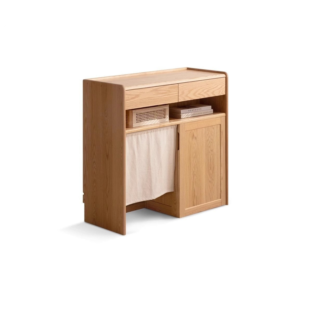 Solid Oak Wood Side Cabinet with Cat Pet Supplies Storage - Perfect for Living Room, Bedroom, or Entryway Organization - Compatible with Robot Vacuum Cleaners