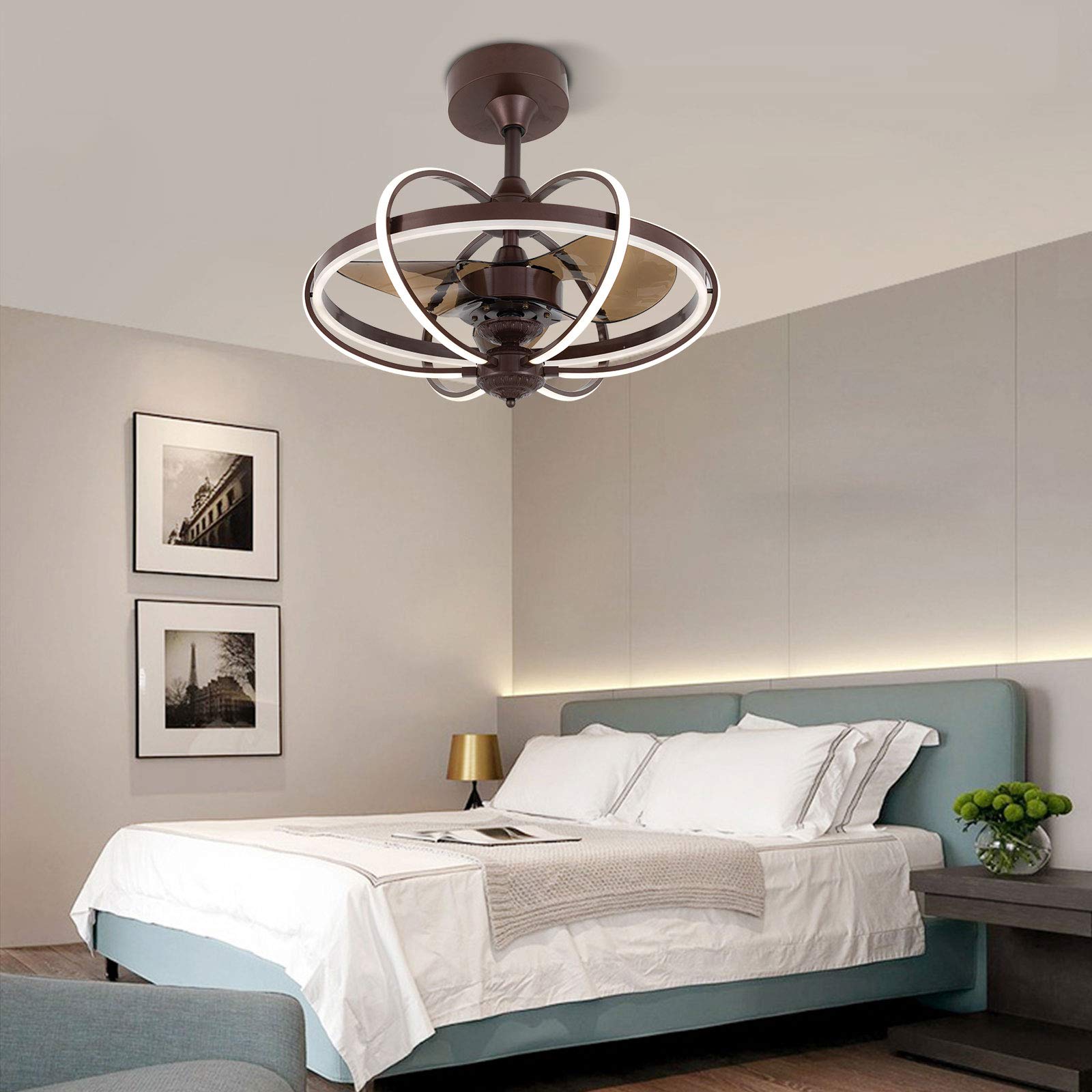 23 Inch LED Ceiling Fan with Lights - Modern Acrylic Hanging Chandelier Fan, 3 Speed Settings & Color Changing, Perfect for Bedroom, Living Room & Dining Room (Coffee Color) - Energy Efficient Cooling & Stylish Lighting Solution