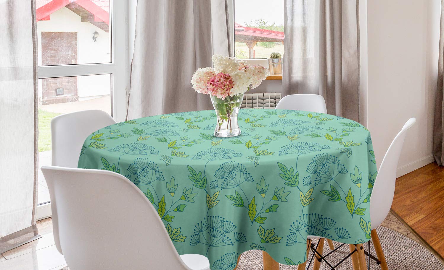 Ambesonne Floral Round Tablecloth 60 Inch - Vibrant Summer Garden Flowers Foliage Design, Seafoam Dark Blue & Green Circle Table Cover for Dining Room & Kitchen Decor | Perfect for Outdoor Picnics, Dinner Parties & Seasonal Home Decoration