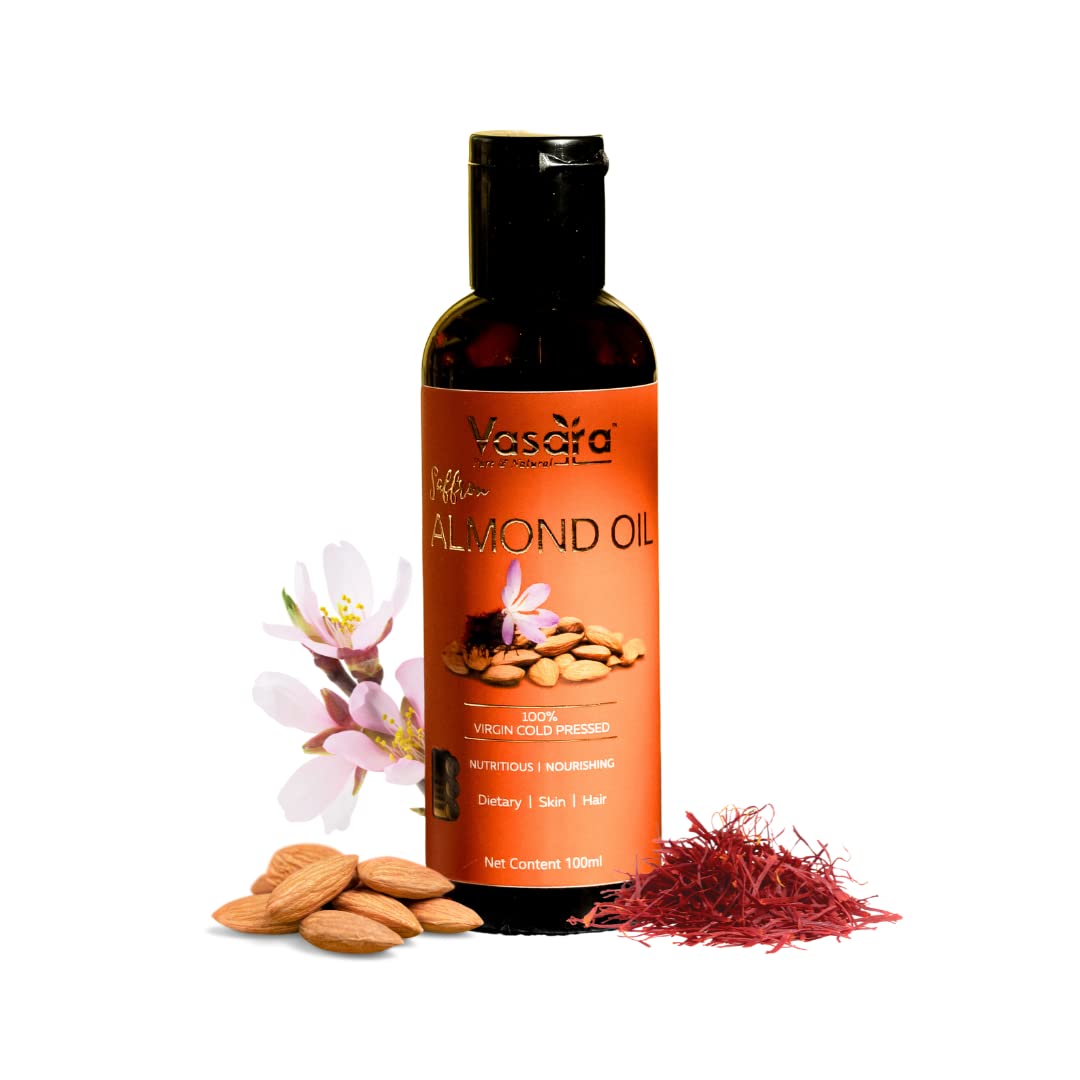 VASARA Premium Cold Pressed Almond & Saffron Oil - 100% Pure Virgin Grade Facial & Hair Care - 100ml - Natural Moisturizer for Dry Skin, Anti-Aging & Scalp Treatment - Perfect for Daily Skincare & Hair Growth Routine