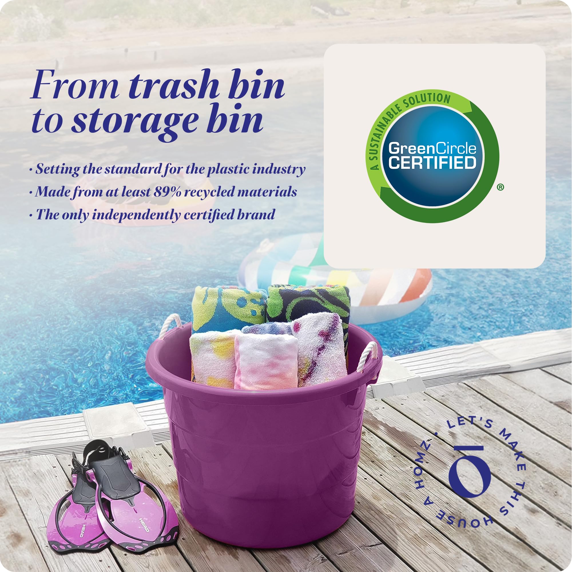 HOMZ 4-Pack 17 Gallon Large Plastic Storage Buckets with Rope Handles - Heavy Duty Utility Tubs for Laundry, Cleaning, Organizing (Purple) - Perfect for Home, Garage, and Outdoor Storage
