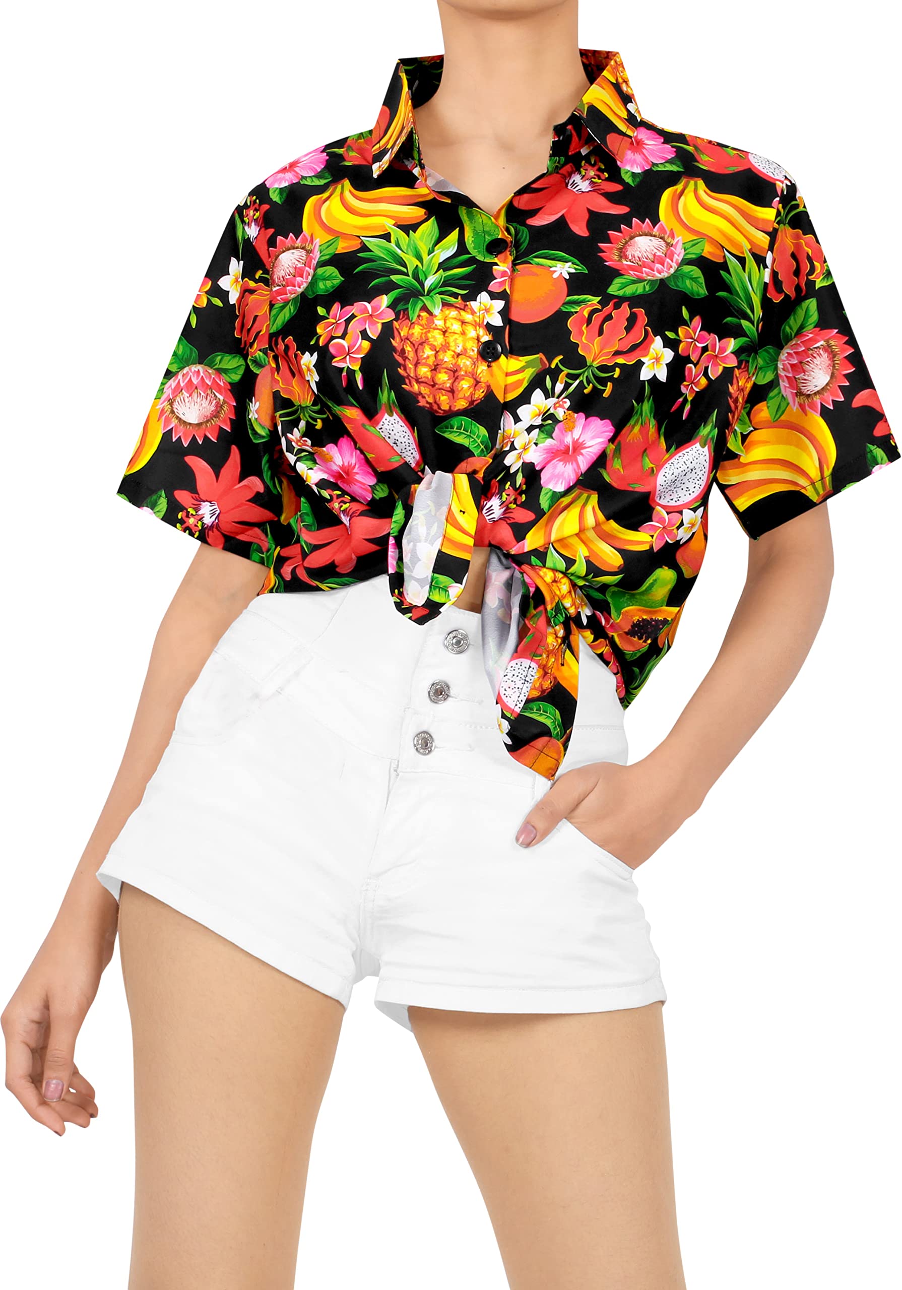 Happy Bay Women's Short Sleeve Hawaiian Beach Blouse Shirt - Floral Print Vacation Top for Summer, Beach Party, and Tropical Getaways