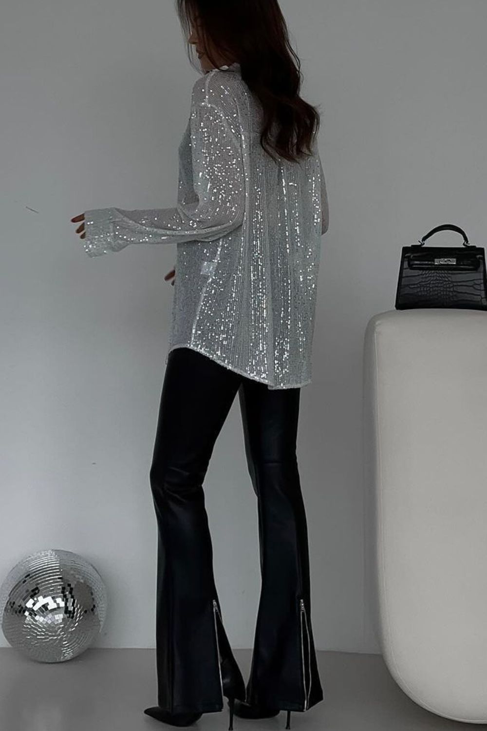 Sparkly Sequin Button Up Long Sleeve Blouse for Women - Elegant Party Top, Clubwear & Resort Vacation Shirt - Perfect for Night Out, Wedding Guest & Beach Cover Up