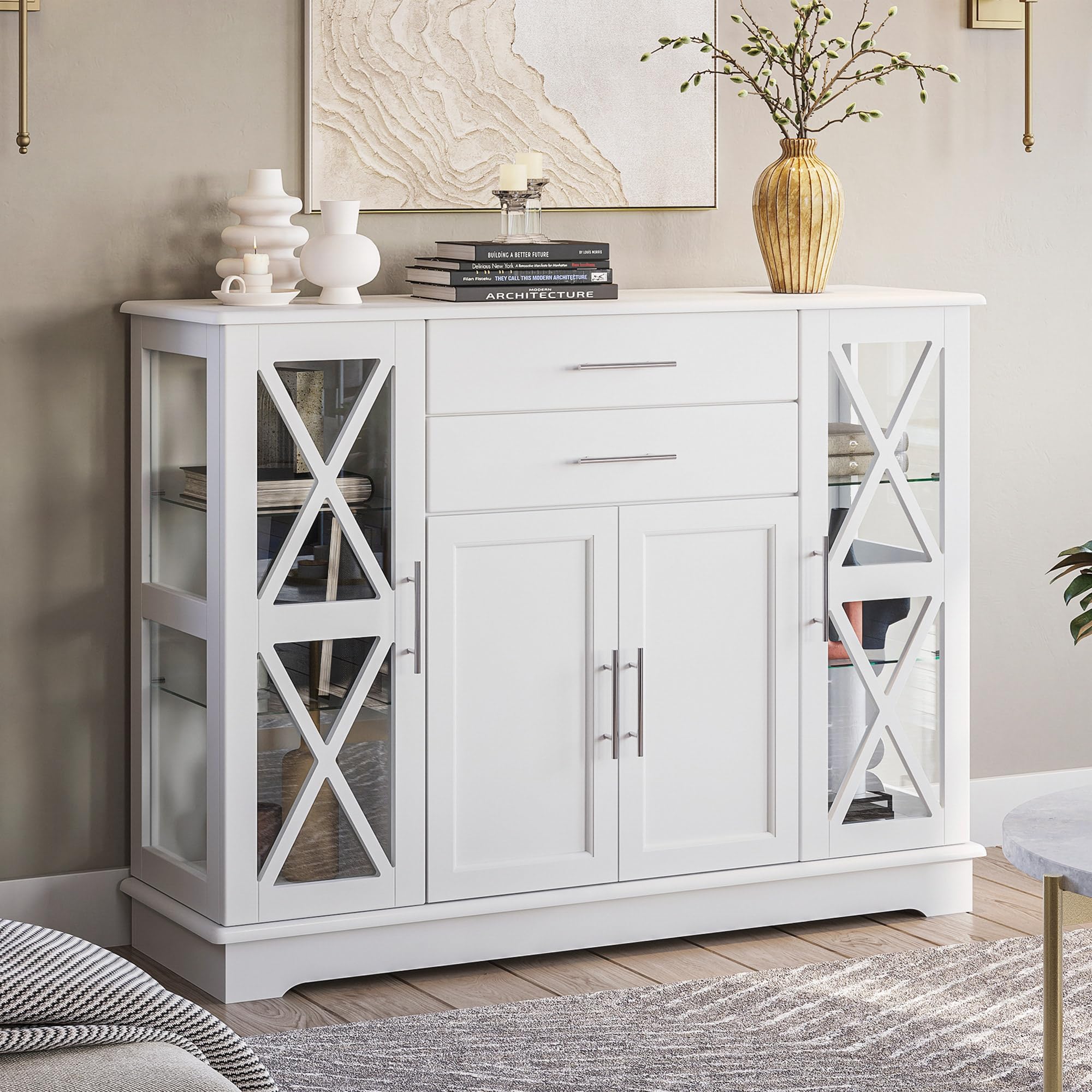 BELLEZE 47 Inch White Sideboard Buffet Cabinet - Storage Console Table, Coffee Bar, Kitchen Cupboard & Pantry Organizer with Glass Display Doors - Perfect for Living Room, Entryway & Dining Room Decor