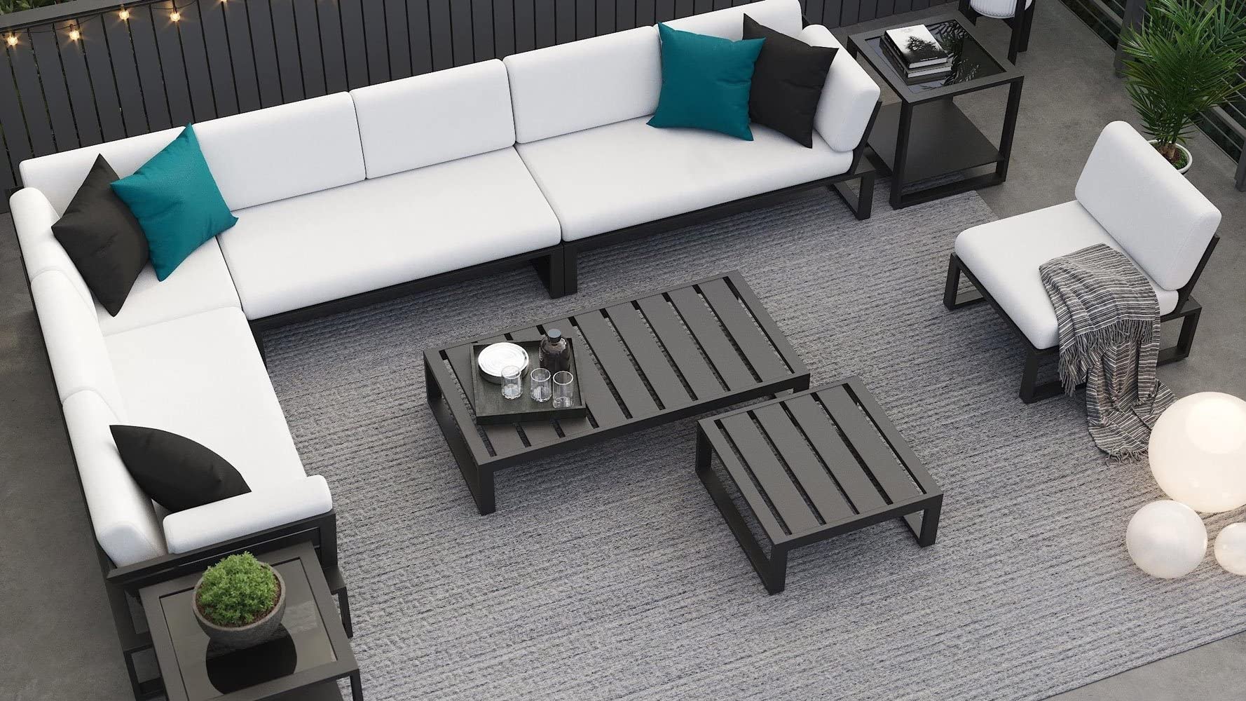 Modern Kore Outdoor Square Coffee Table - Black Powder Coated Aluminum Frame for Patio & Garden