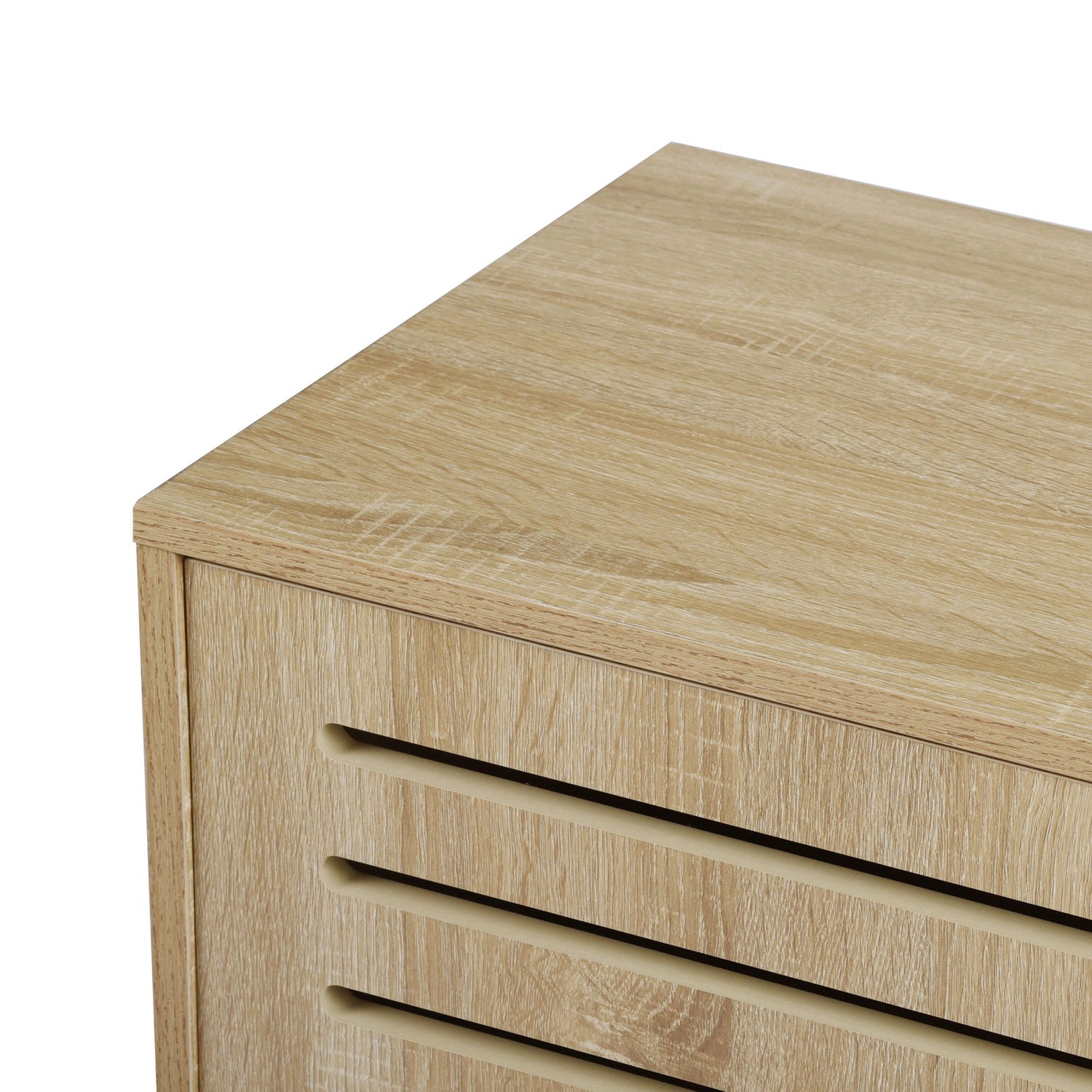 Beige Metal and Wood Sideboard with Oak Veneer - 5 Shelves Storage Cabinet for Living Room, Dining Room, or Entryway - Model Auro