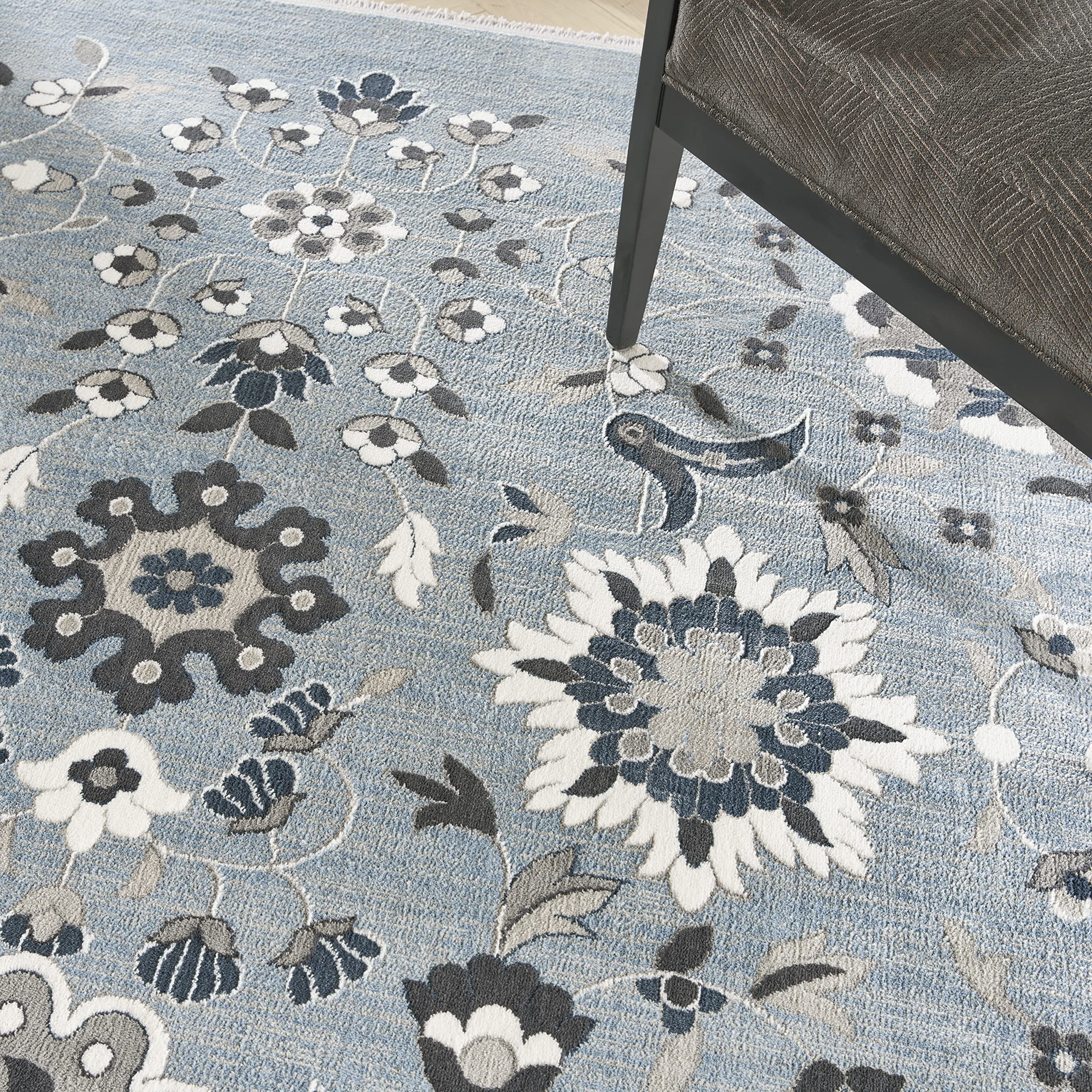 Nourison Lennox Light Blue Grey 9' x 12' Area Rug - Farmhouse Floral Design, Easy to Clean, Non-Shedding - Perfect for Bedroom, Living Room, Dining Room & Kitchen Decor | Home & Office Use