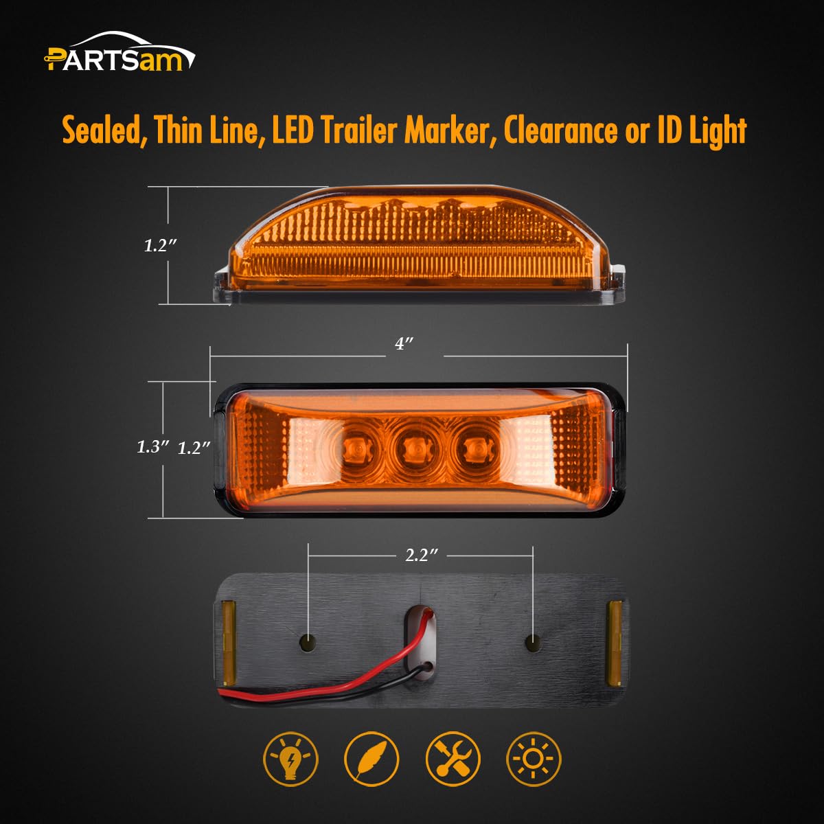 Partsam 2PCS Amber LED Side Marker Lights for Trucks & Trailers - Waterproof, Sealed, 3.9