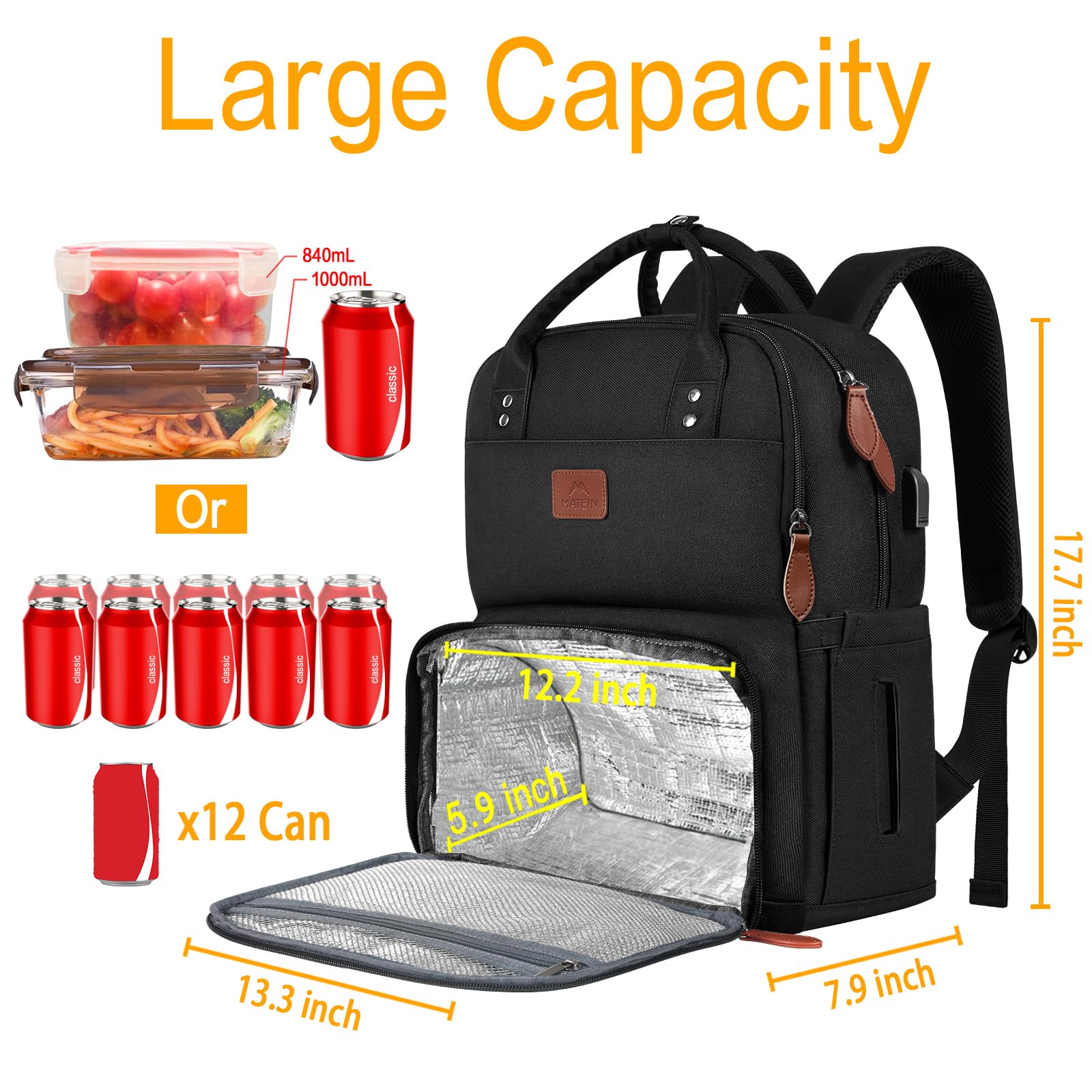 MATEIN 17 Inch Insulated Lunch Backpack - Extra Large Water Resistant Cooler Bag with USB Charging Port | Perfect for College, Work, Picnics & Beach Outings | Keep Food Fresh & Devices Charged On-The-Go