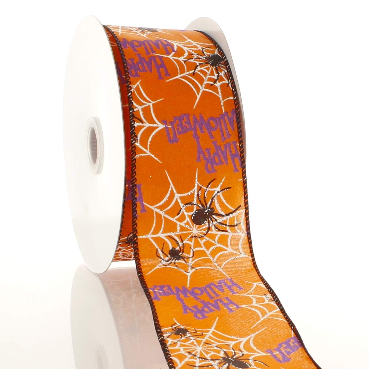 Happy Halloween 2 1/2 Inch Wired Orange Ribbon with Spider Design - 25 Yards Bulk Roll for Halloween Decorations, Gift Wrapping, Party Favors & DIY Crafts