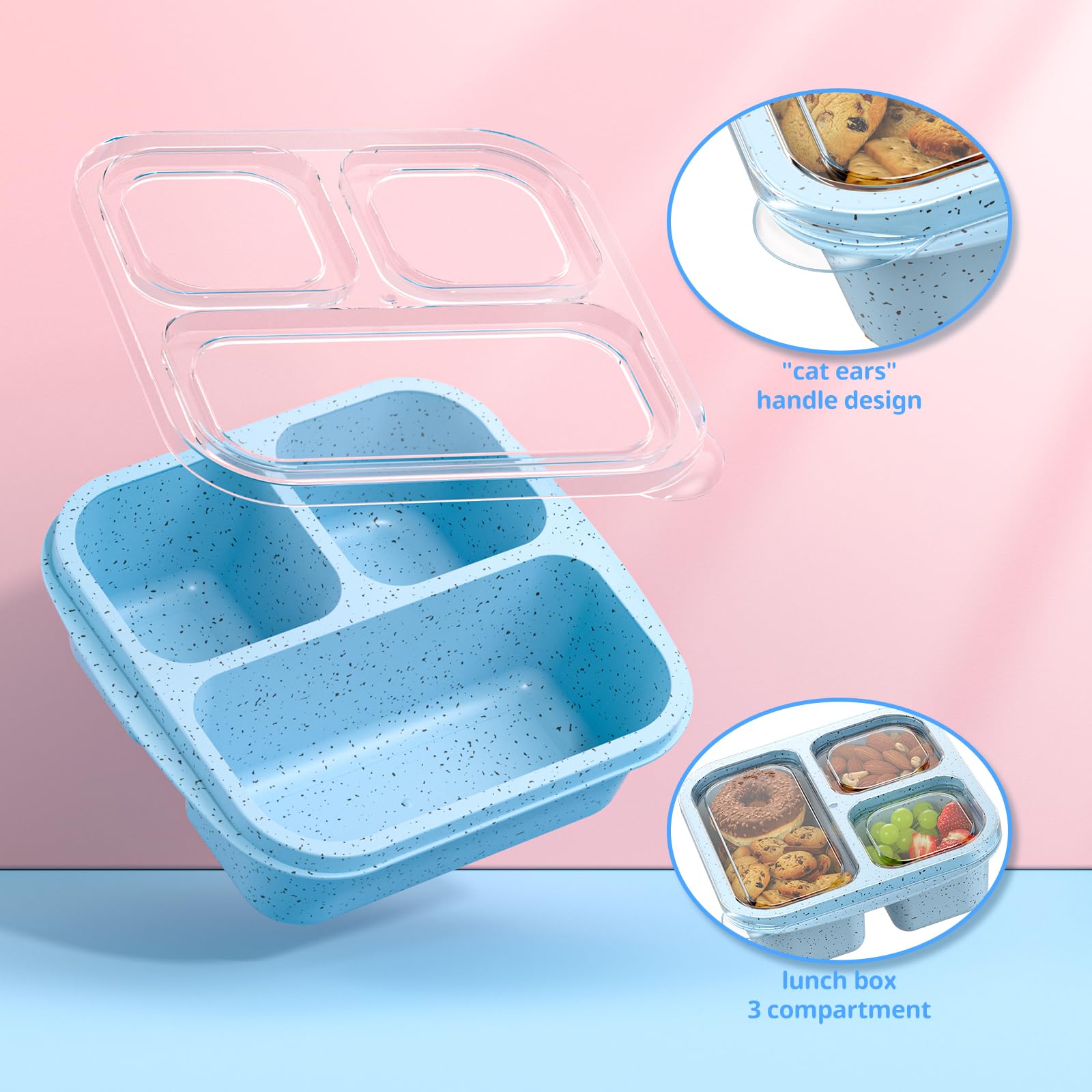 Stackable Bento Box (3-Pack) - 3-Compartment Reusable Lunch Containers for Kids & Adults | Meal Prep & On-the-Go