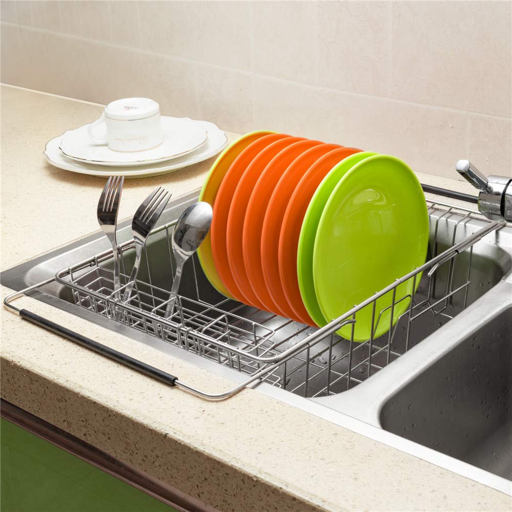 SANNO Expandable Stainless Steel Dish Drying Rack - Large In-Sink & Countertop Dish Drainer with 4-Section Utensil Holder | Rustproof Kitchen Organizer for Small Spaces | Perfect for Apartments, RVs & Compact Kitchens