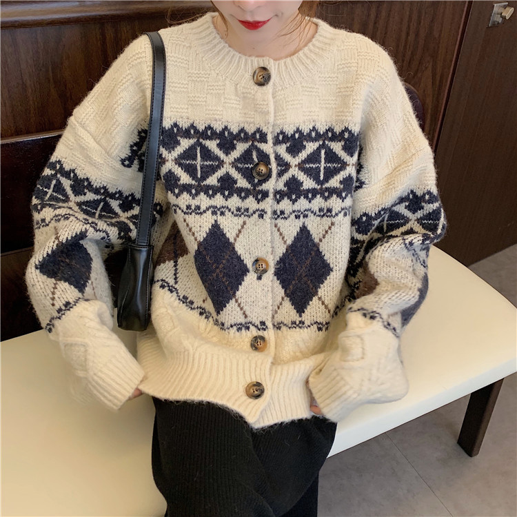 French Crew Neck Sweater for Women - Vintage Loose Knit Cardigan Jacket for Autumn & Winter | Cozy Fall Layering, Casual Office Wear & Holiday Outfits