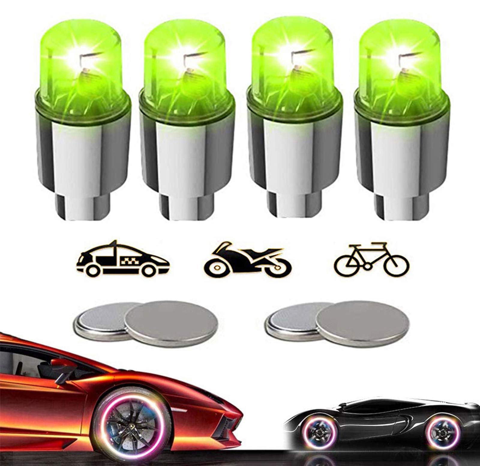Yinch LED Bike Wheel Lights 4 Pack - Waterproof Valve Stem Cap Lights for Bicycle Motorcycle Tyre Spoke, Flash Lights with 10 Extra Batteries (Green) - Perfect for Night Riding, Kids Safety, and Outdoor Cycling Adventures