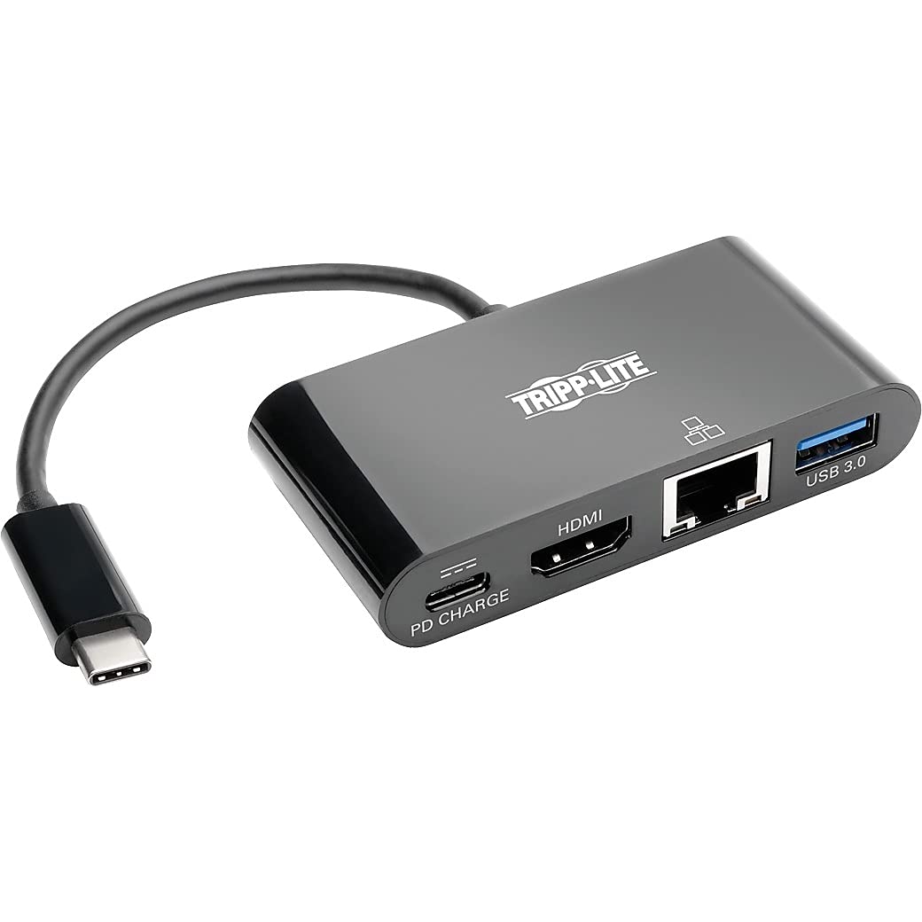 Tripp Lite USB C to HDMI Multiport Adapter Converter - 4K@30Hz Docking Station with USB-A Hub, Gigabit Ethernet & Thunderbolt 3 Support - Compatible with MacBook Pro, Dell XPS & More - Perfect for Home Office, Video Conferencing & Multi-Monitor Setup
