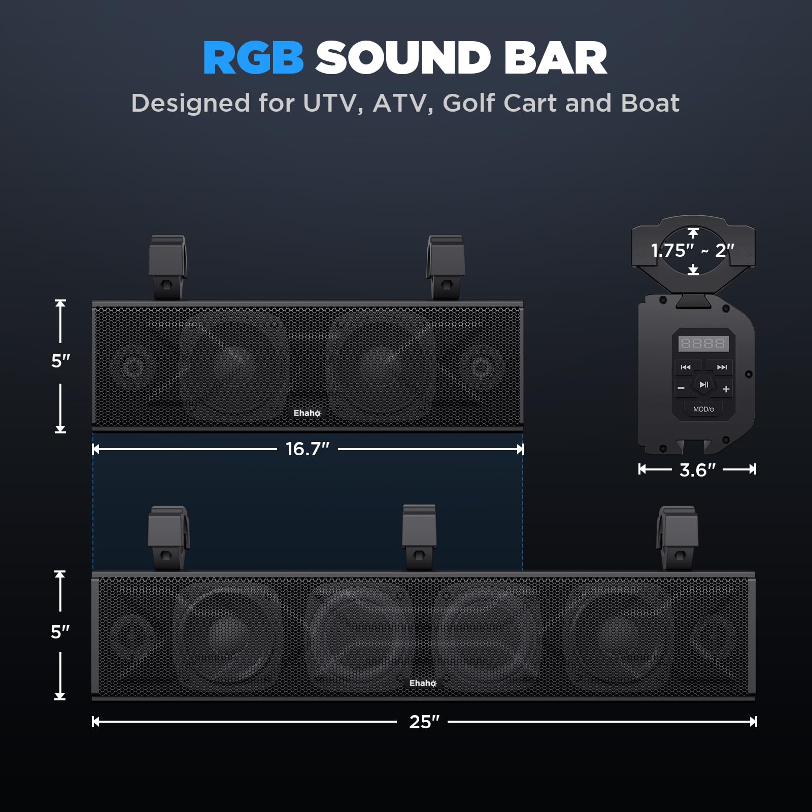 Ehaho 25 Inch UTV Sound Bar with Bluetooth, RGB Lighting & Amplified Power for ATV, SXS, Golf Cart & Marine, Waterproof Speakers for Polaris RZR, Can-Am, Perfect for Off-Road Adventures & Outdoor Parties
