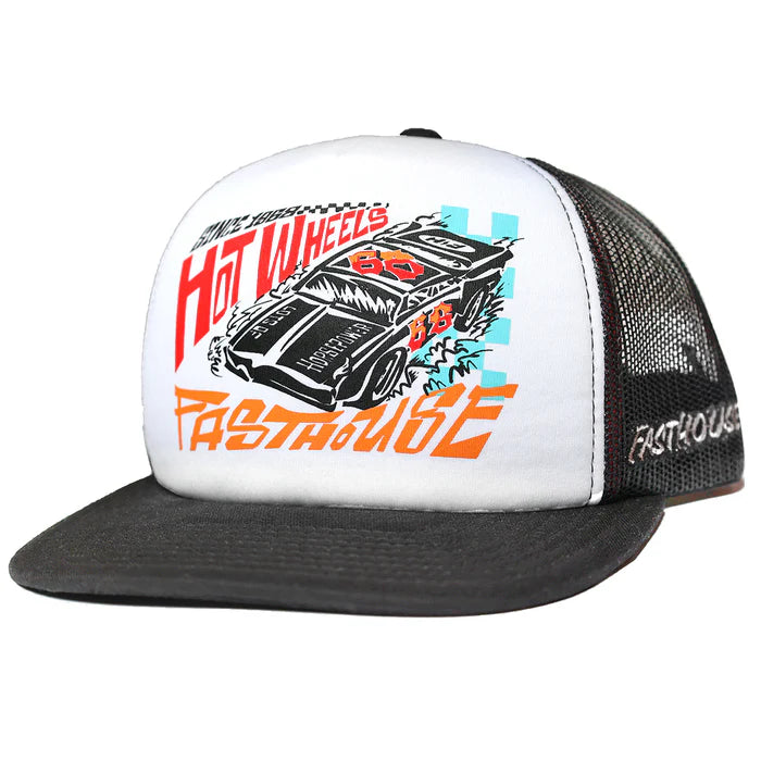 Hot Wheels Speedway Trucker Hat for Men & Women - Adjustable Snapback Cap in White & Black - Perfect for Racing Fans, Car Enthusiasts & Outdoor Activities